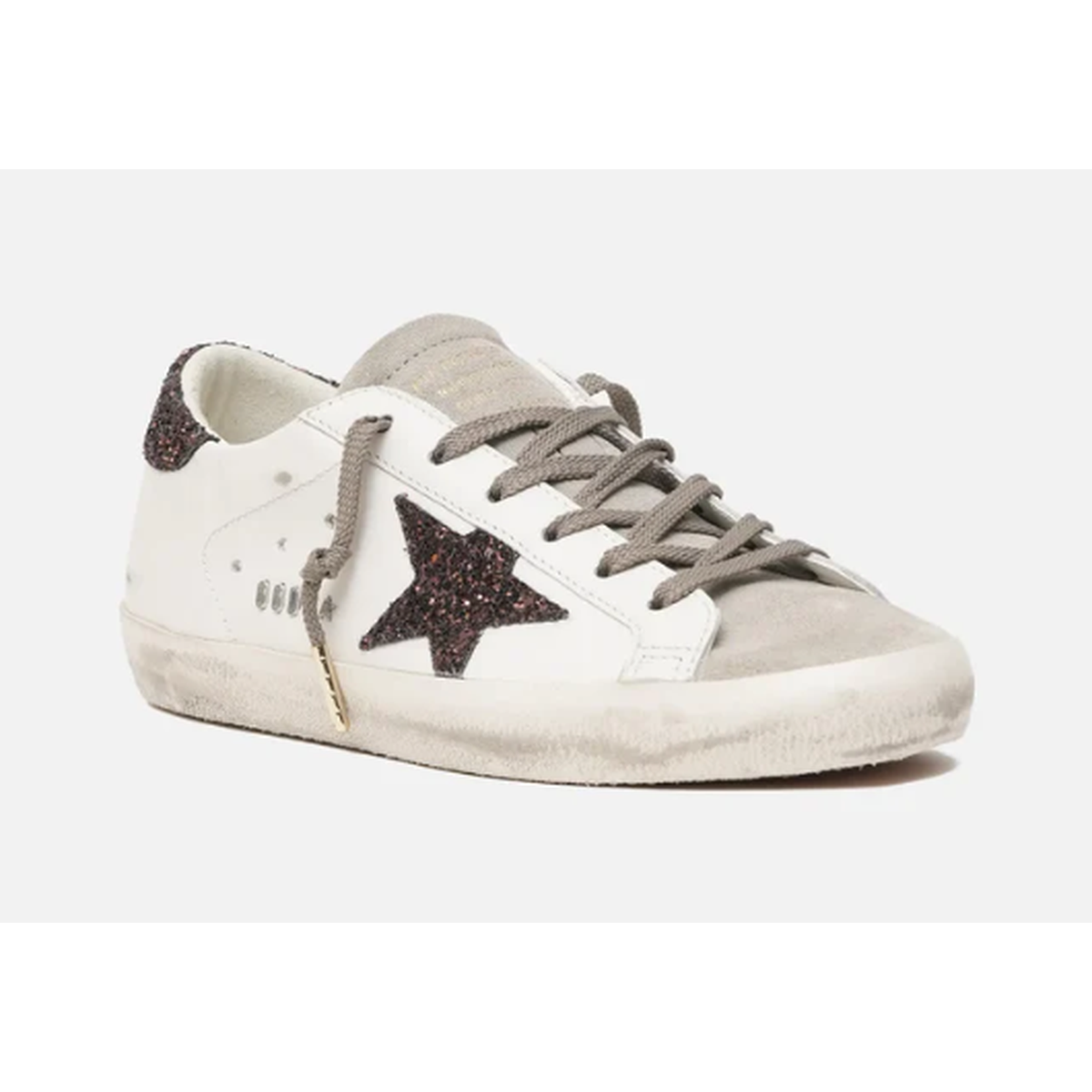 Golden Goose Super-Star Leather Sneakers in Milk, Dove and brown with a Glitter Star and Heel