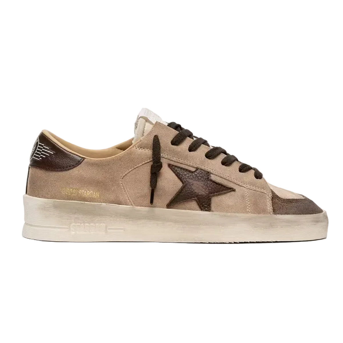 Golden Goose Stardan Suede, Nylon and Leather Sneakers in Beige, Brown and White with inserts