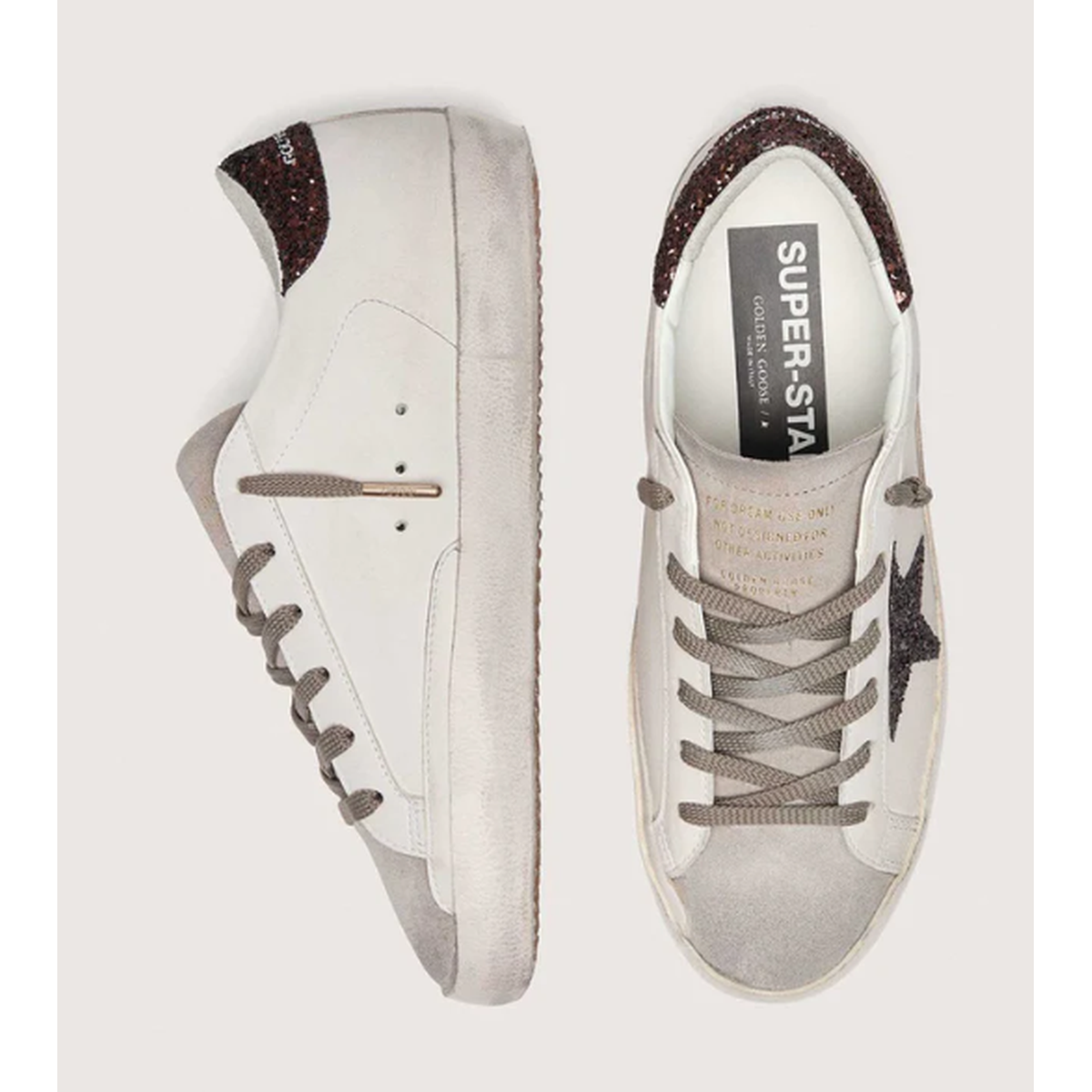 Golden Goose Super-Star Leather Sneakers in Milk, Dove and brown with a Glitter Star and Heel