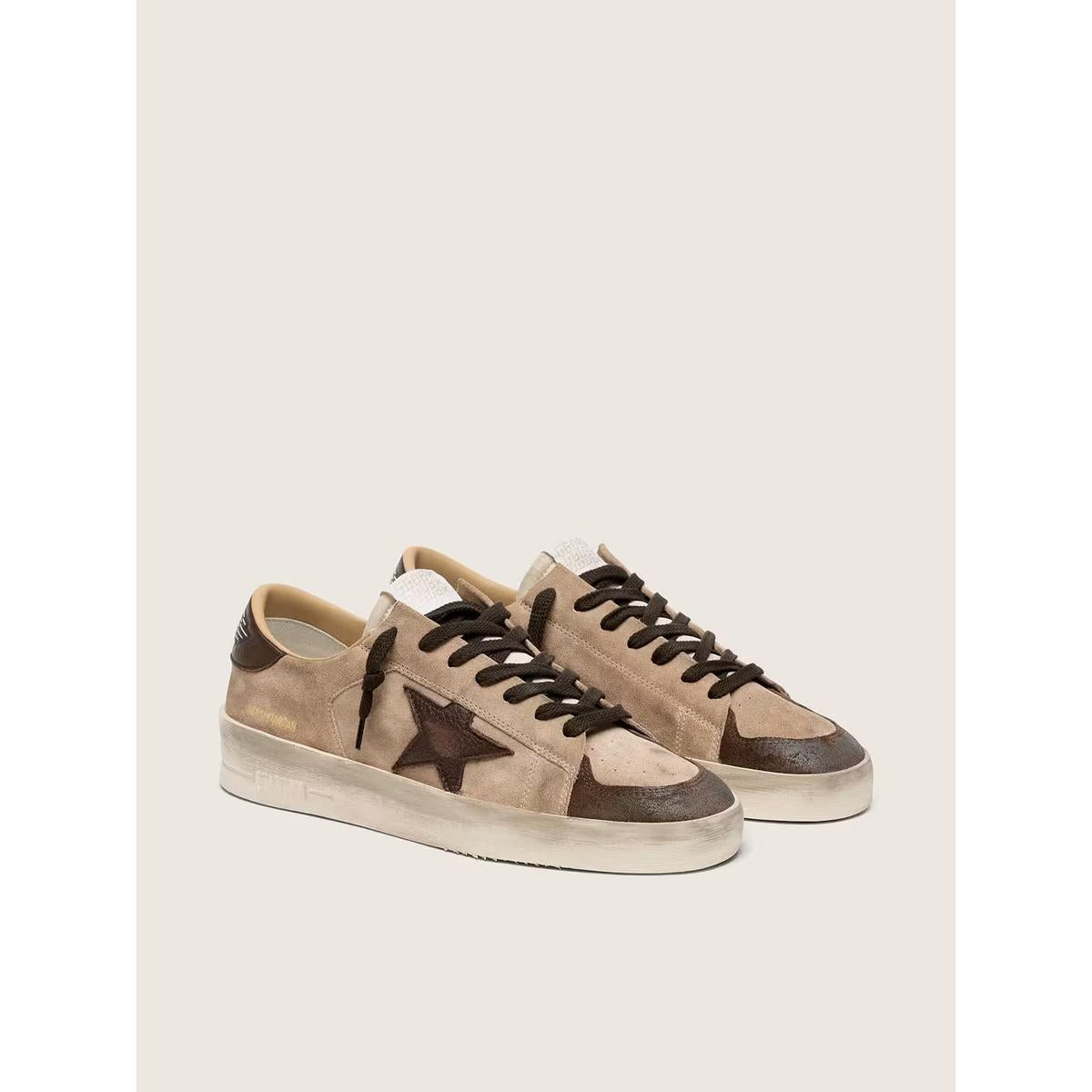 Golden Goose Stardan Suede, Nylon and Leather Sneakers in Beige, Brown and White with inserts