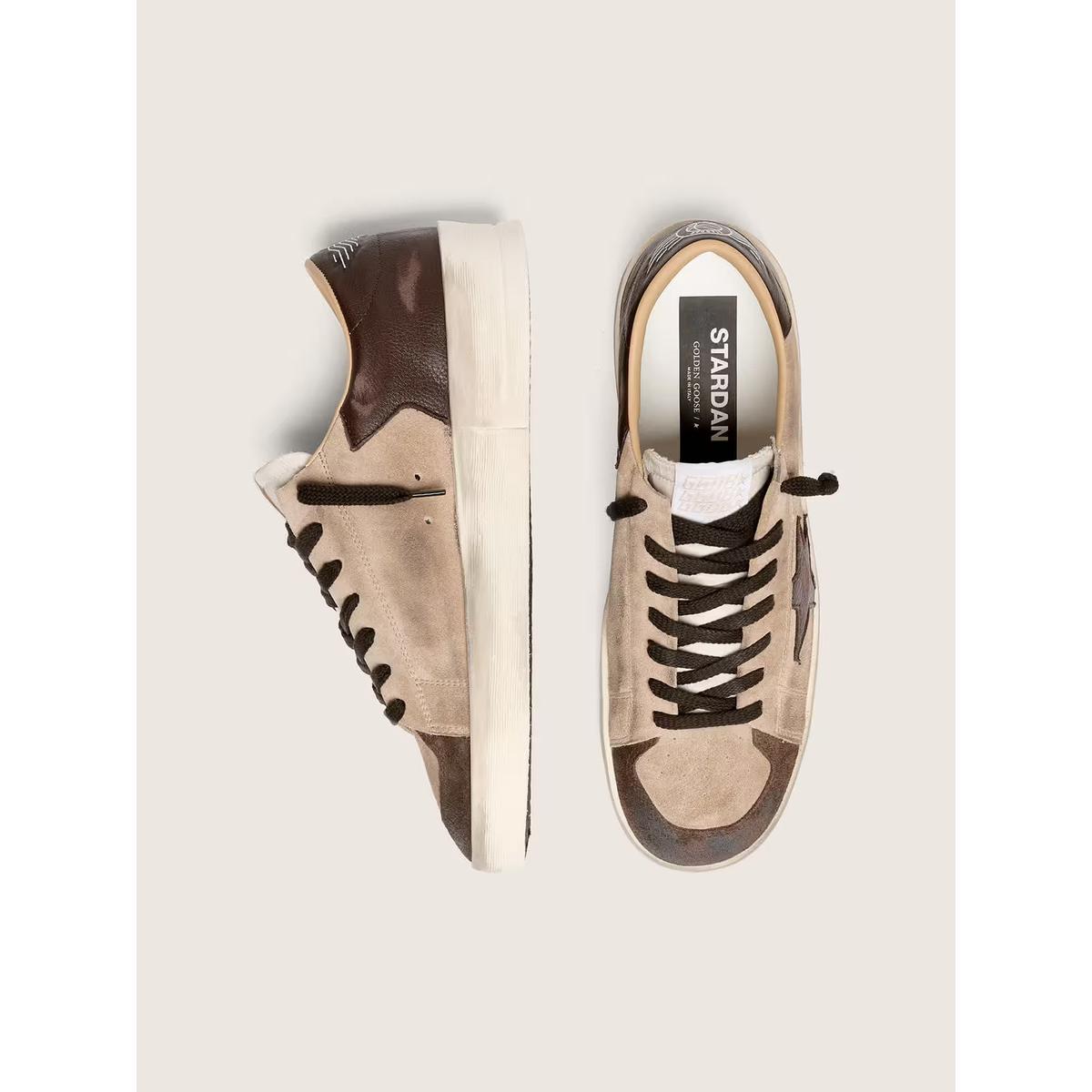 Golden Goose Stardan Suede, Nylon and Leather Sneakers in Beige, Brown and White with inserts