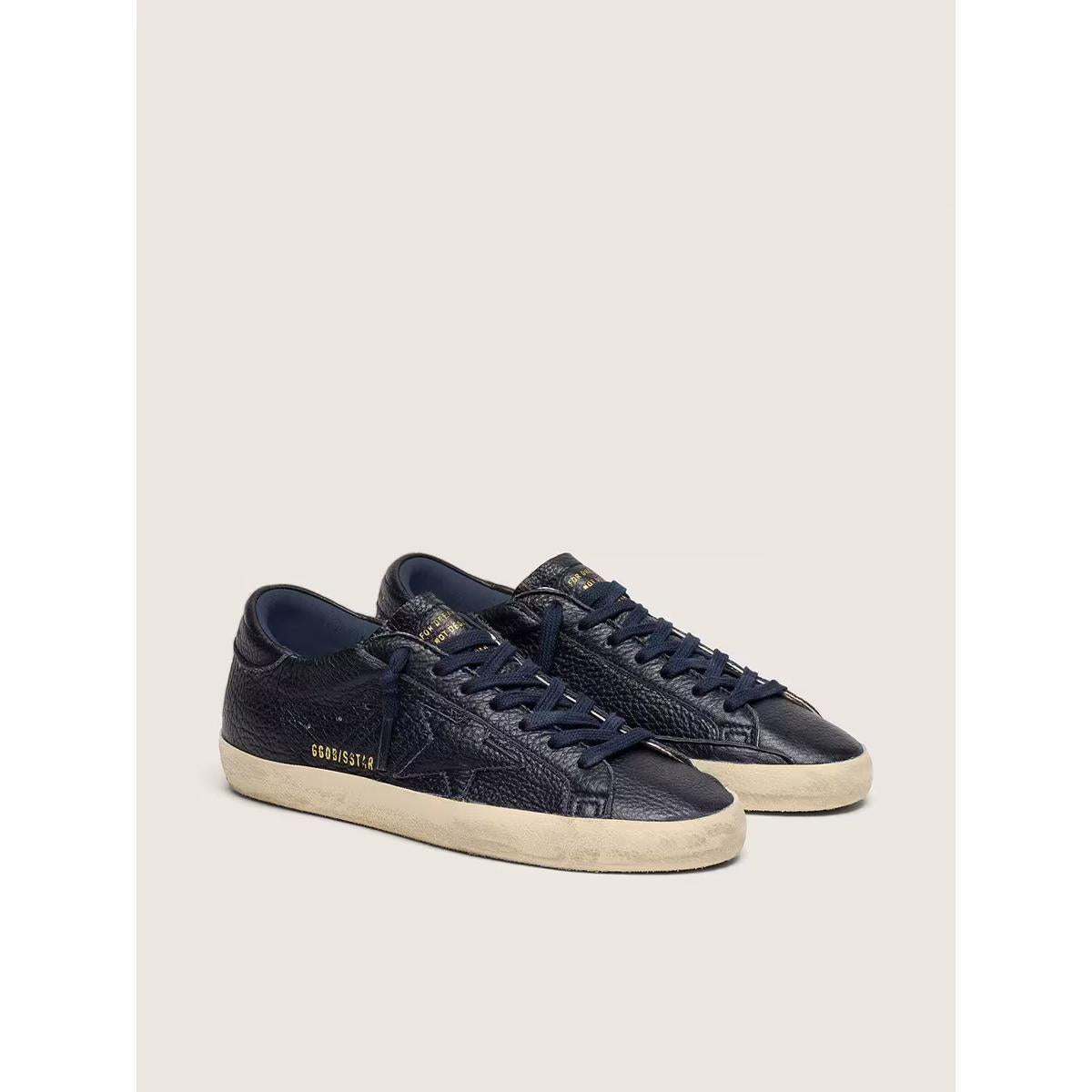 Golden Goose Super-Star Leather Sneakers in Navy-Blue with Tone-on-Tone Leather Star