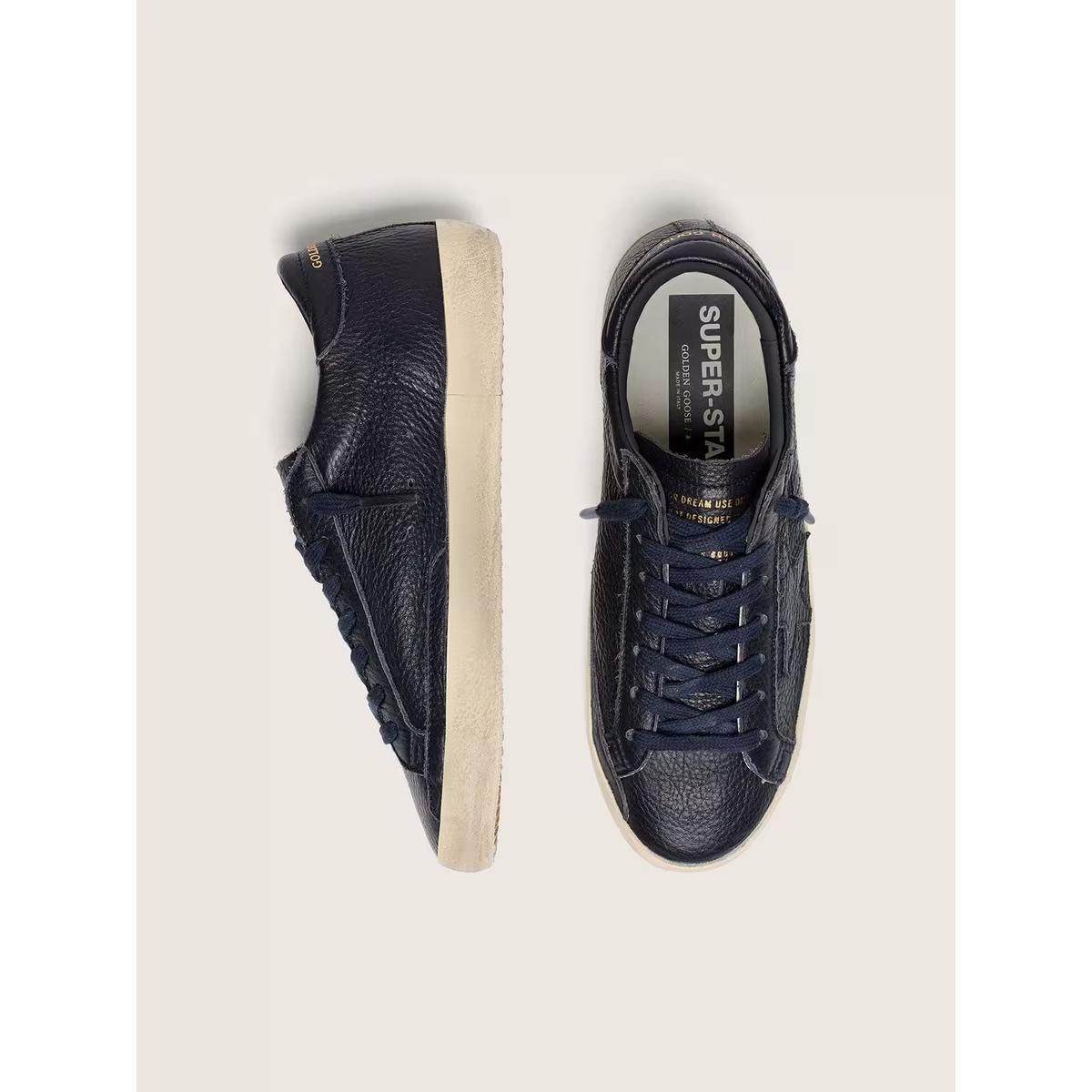 Golden Goose Super-Star Leather Sneakers in Navy-Blue with Tone-on-Tone Leather Star
