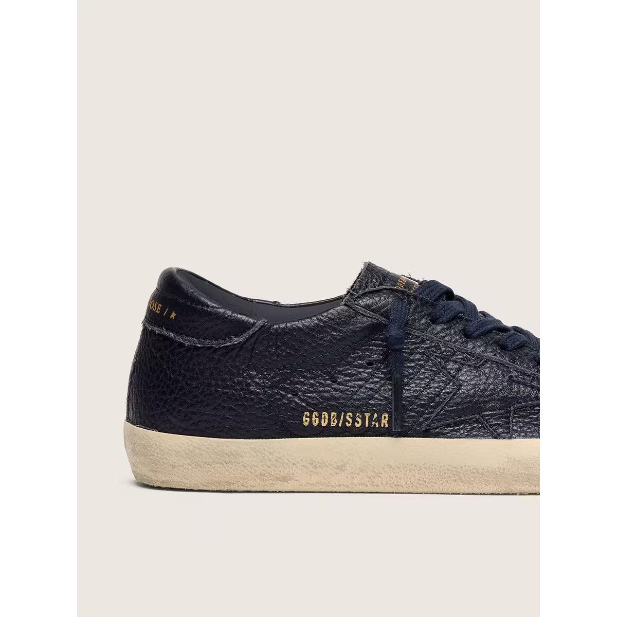 Golden Goose Super-Star Leather Sneakers in Navy-Blue with Tone-on-Tone Leather Star