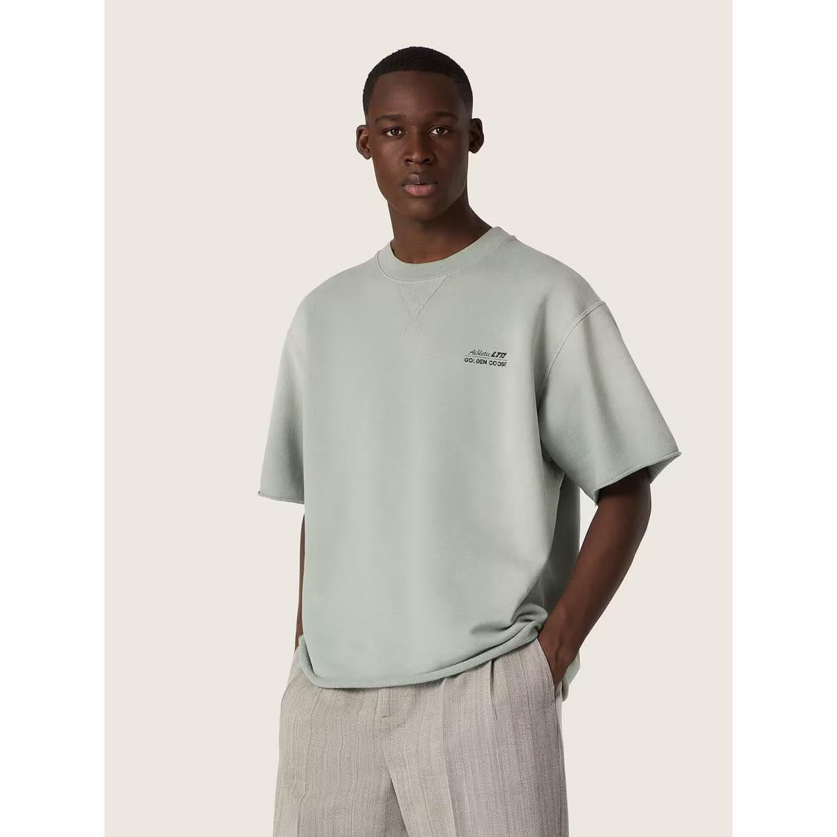 Golden Goose Short-Sleeve Cotton Sweatshirt in Green with Embroidery