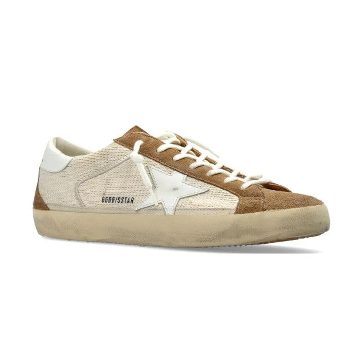 Golden Goose Super-Star Crochet, Leather and Suede Sneakers in Cream, Brown and White