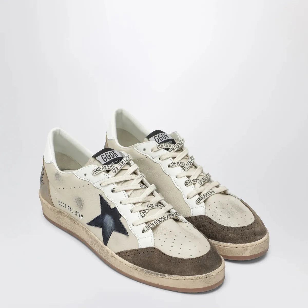 Golden Goose Ballstar Leather and Suede Sneakers in Cream, White, Light Grey and Marble