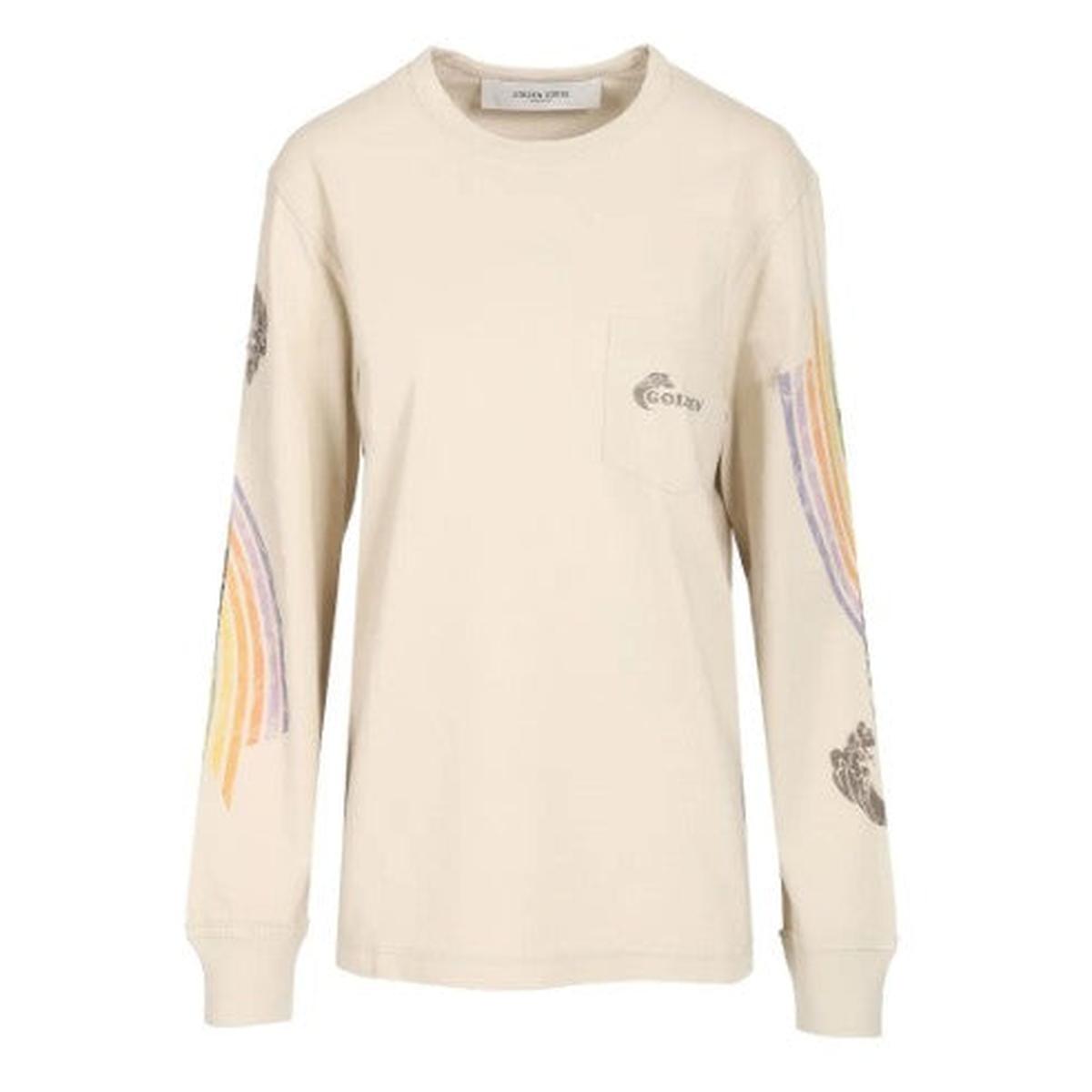Golden Goose Long Sleeve T-Shirt in Dark Heritage Off-White with Multicolor Print