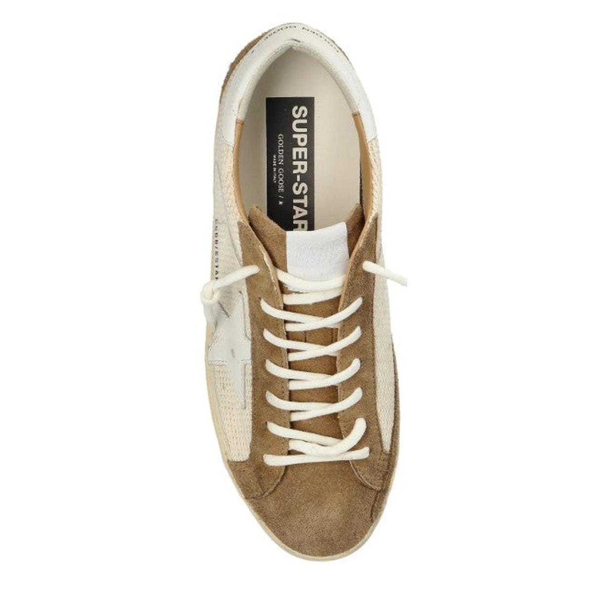 Golden Goose Super-Star Crochet, Leather and Suede Sneakers in Cream, Brown and White