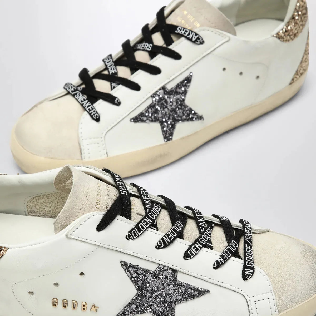 Golden Goose Super-Star Leather and Suede Sneakers in White, Silver, Gold and Black