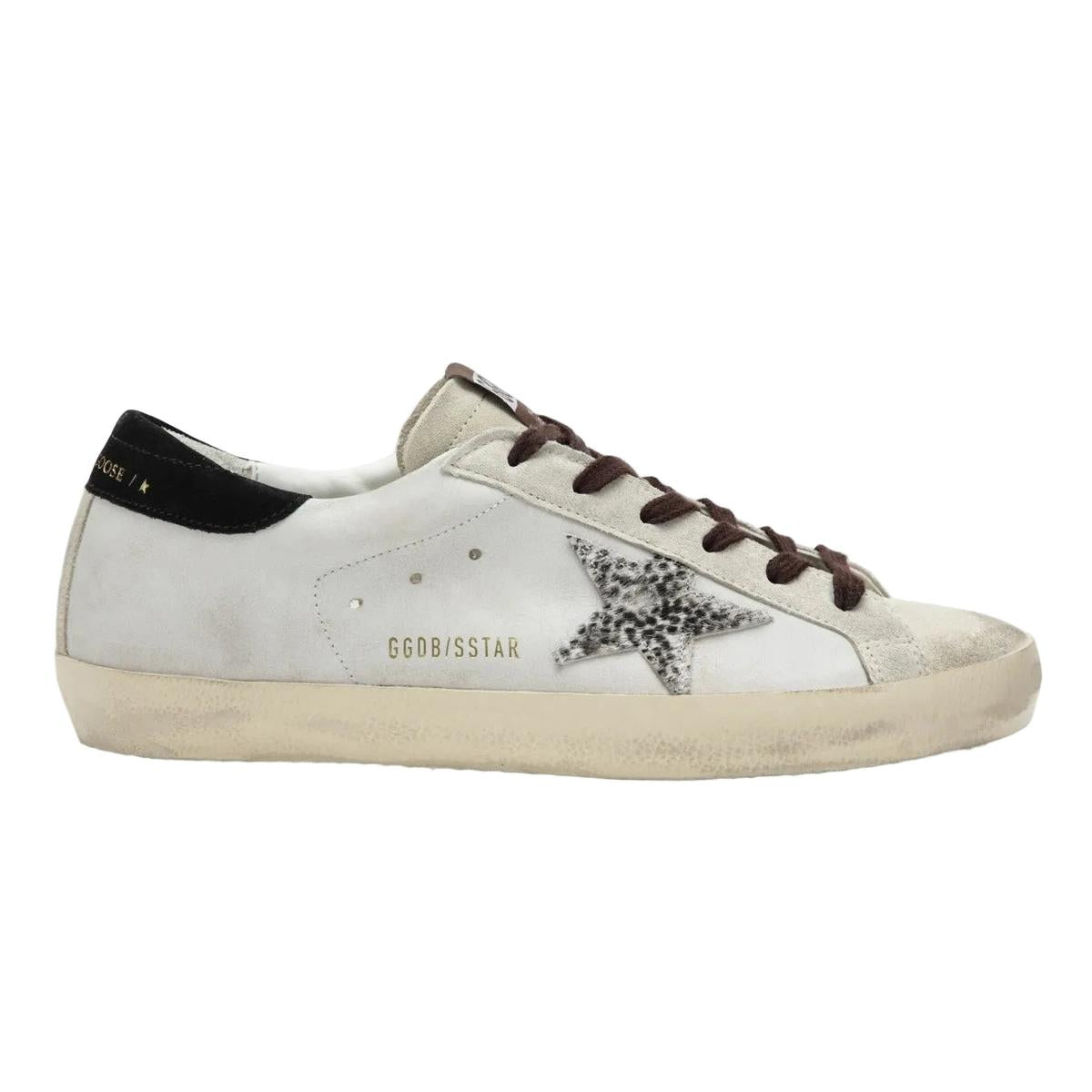 Golden Goose Super-Star Leather and Suede Sneakers in White, Pearl and Black with Animal-Print Star