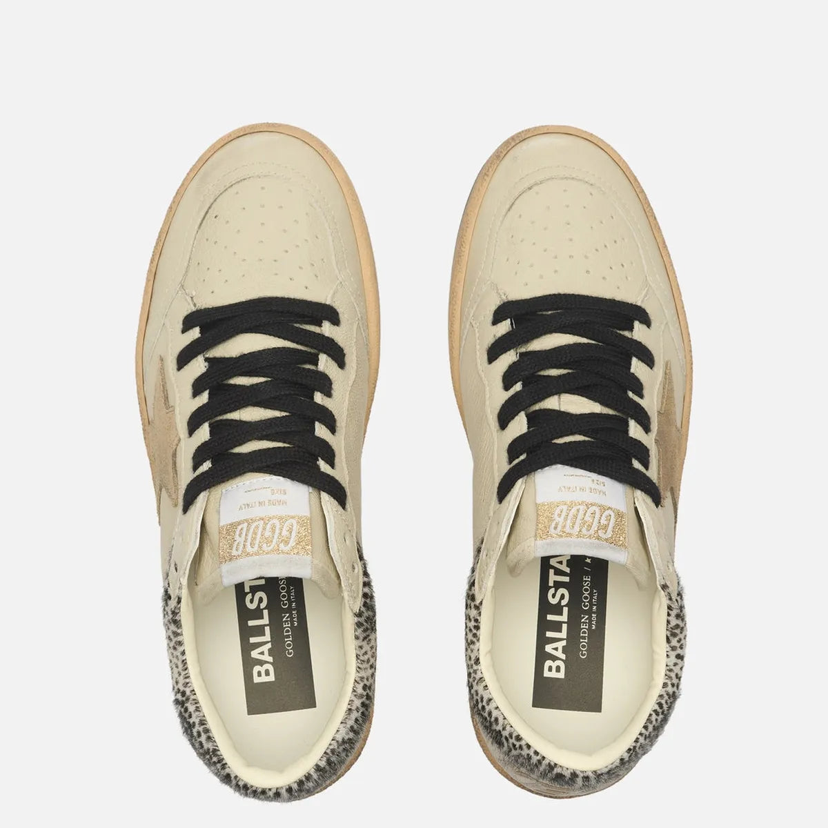 Golden Goose Ballstar Horsy Collar, Nappa and Suede Sneakers in Cream, Black White and Beige