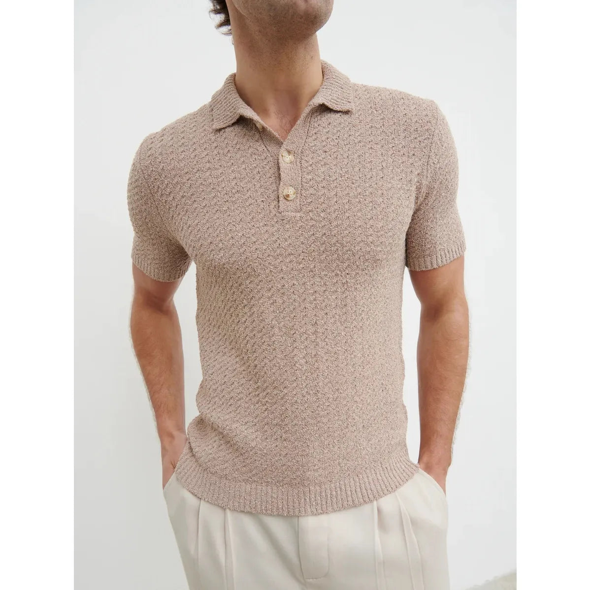 NOBL Leonardo Textured Cable Knit Polo Taupe