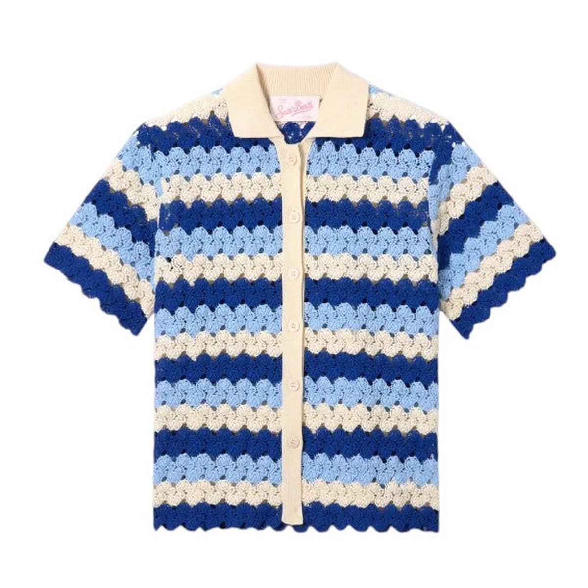 MC2 Saint Barth Monet Crochet-Effect Cotton Knit Polo with Striped Pat