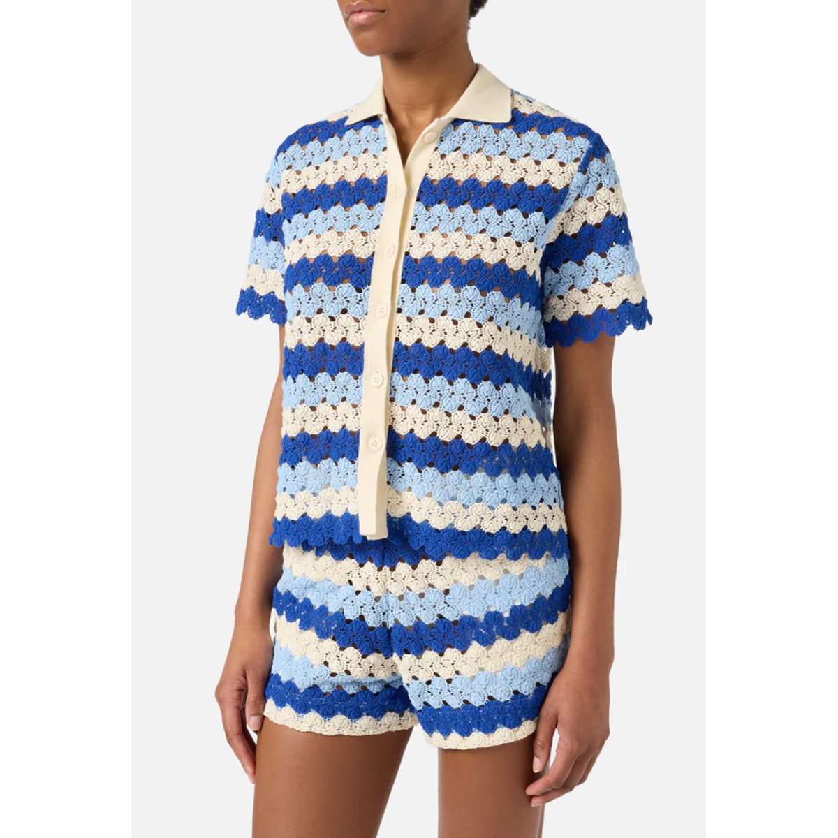 MC2 Saint Barth Monet Crochet-Effect Cotton Knit Polo with Striped Pattern