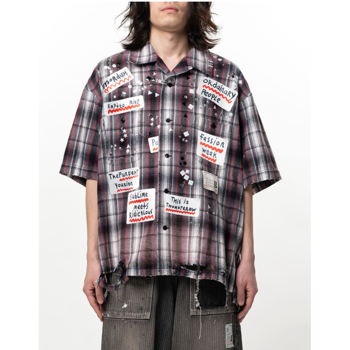 Maison Mihara Embellished Sticker Short Sleeve Check Shirt