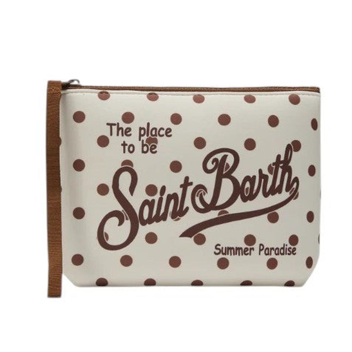 MC2 Saint Barth Aline Beige And Bordeaux Polka Dot Print Scuba Pouch