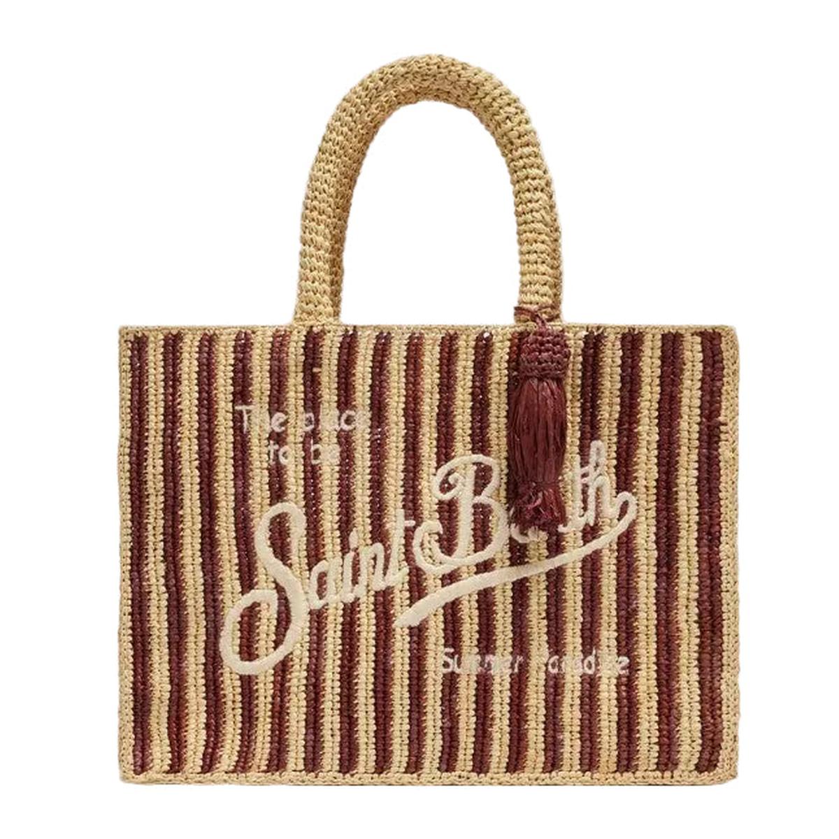 MC2 Saint Barth Colette Brown Striped Raffia Handbag with Logo Embroidery
