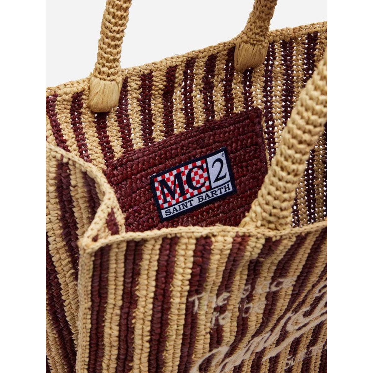 MC2 Saint Barth Colette Brown Striped Raffia Handbag with Logo Embroidery