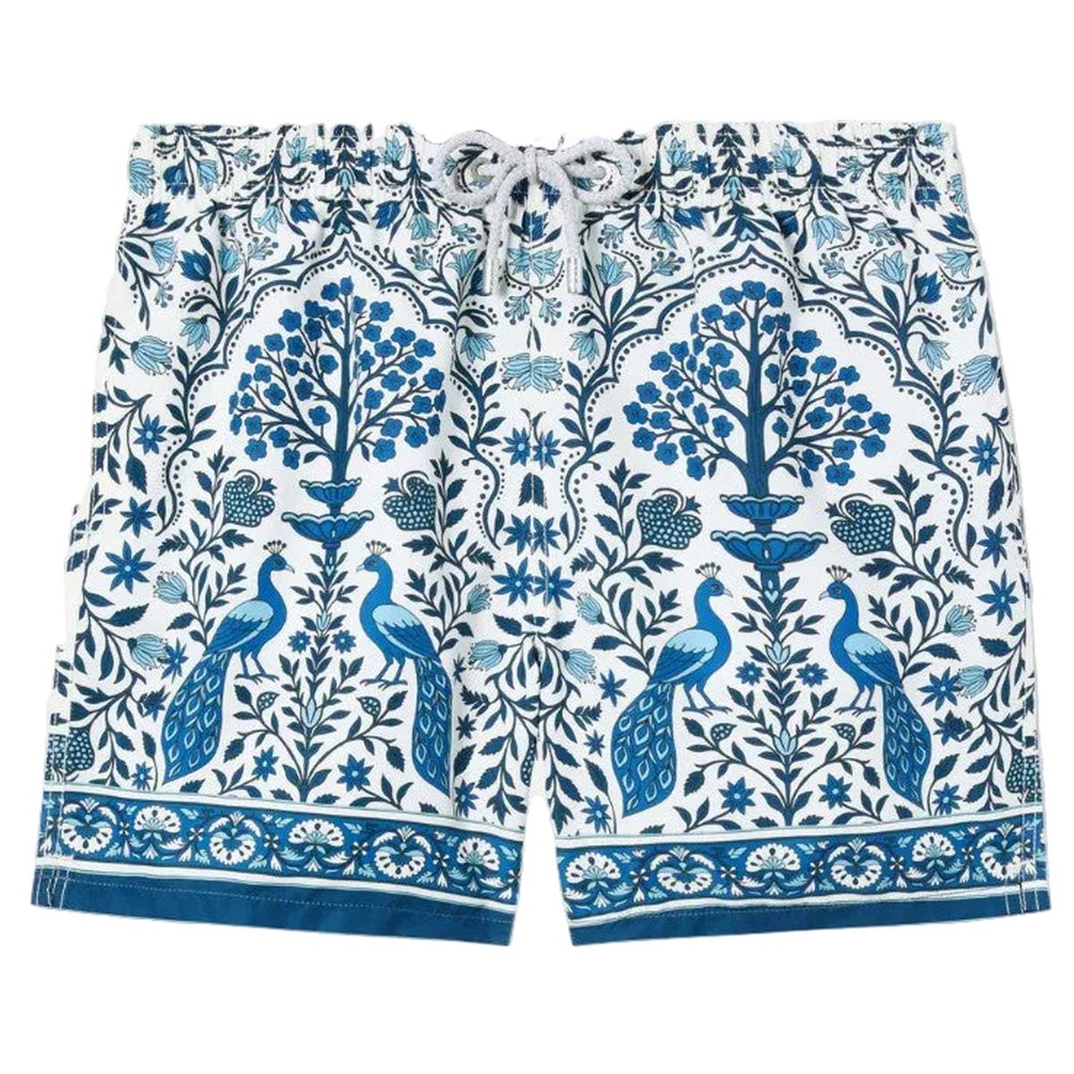 MC2 Saint Barth White Gustavia Swim Shorts with Contrasting Peacock Print