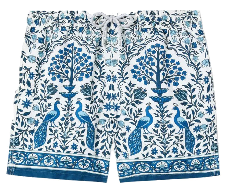 MC2 Saint Barth White Gustavia Swim Shorts with Contrasting Peacock Print