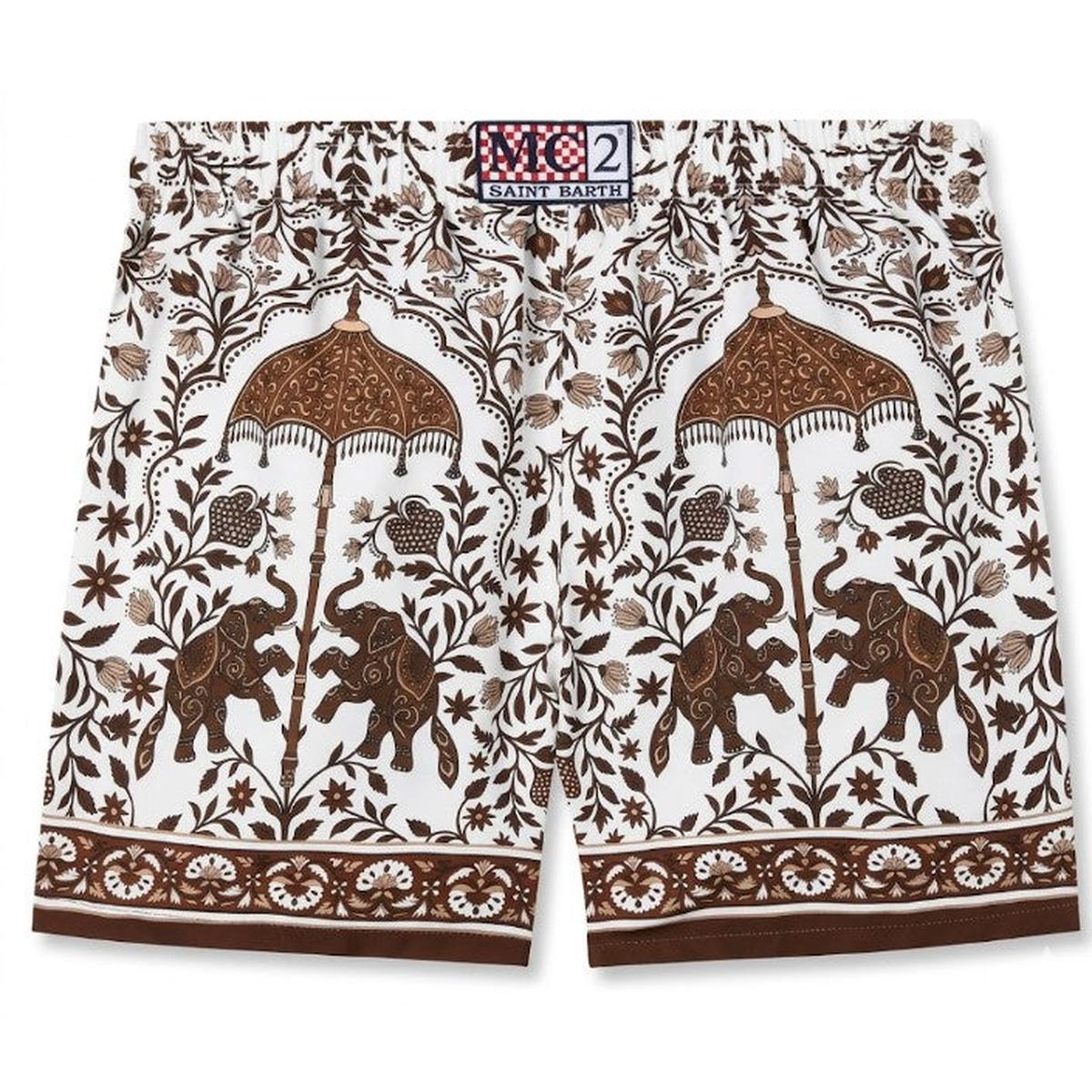 MC2 Saint Barth White Gustavia Swim Shorts with Contrasting Elephant Print