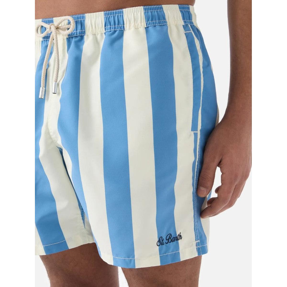 MC2 Saint Barth Syros Swim Shorts in White and Light Blue Stripes