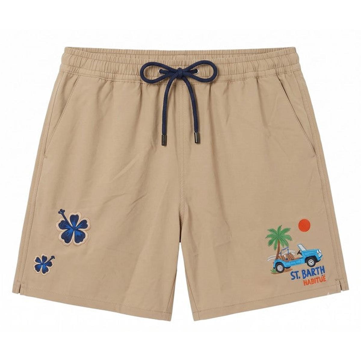 MC2 Saint Barth Comfort Swim Shorts in Beige with Car Palm Embroidered Patches
