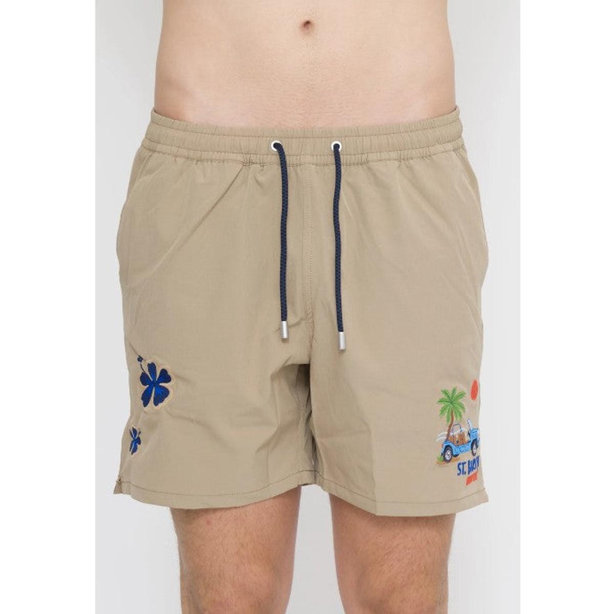 MC2 Saint Barth Comfort Swim Shorts in Beige with Car Palm Embroidered Patches