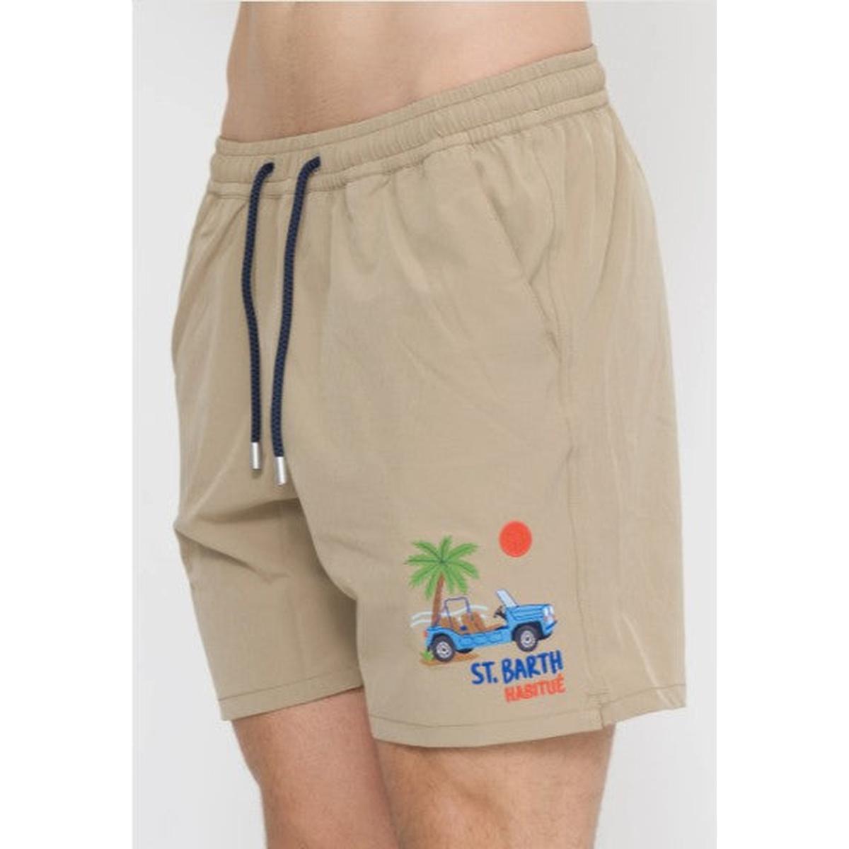 MC2 Saint Barth Comfort Swim Shorts in Beige with Car Palm Embroidered Patches