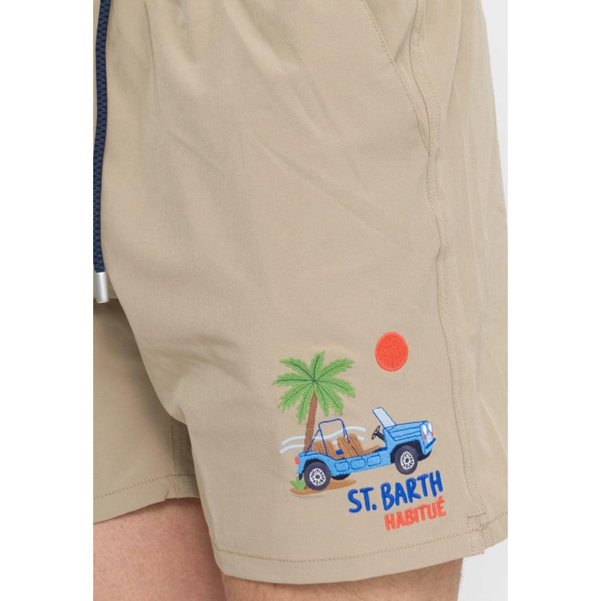 MC2 Saint Barth Comfort Swim Shorts in Beige with Car Palm Embroidered Patches