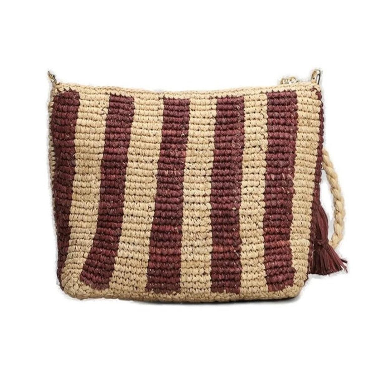 MC2 Saint Barth Natural Raffia Pouch with Brown Stripes and Embroidered Logo