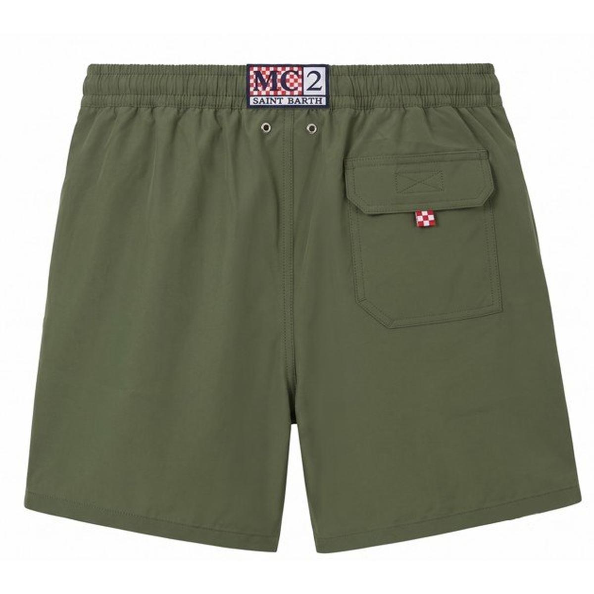 MC2 Saint Barth Comfort Swim Shorts in Military Green with Surfer Embroidered Patches