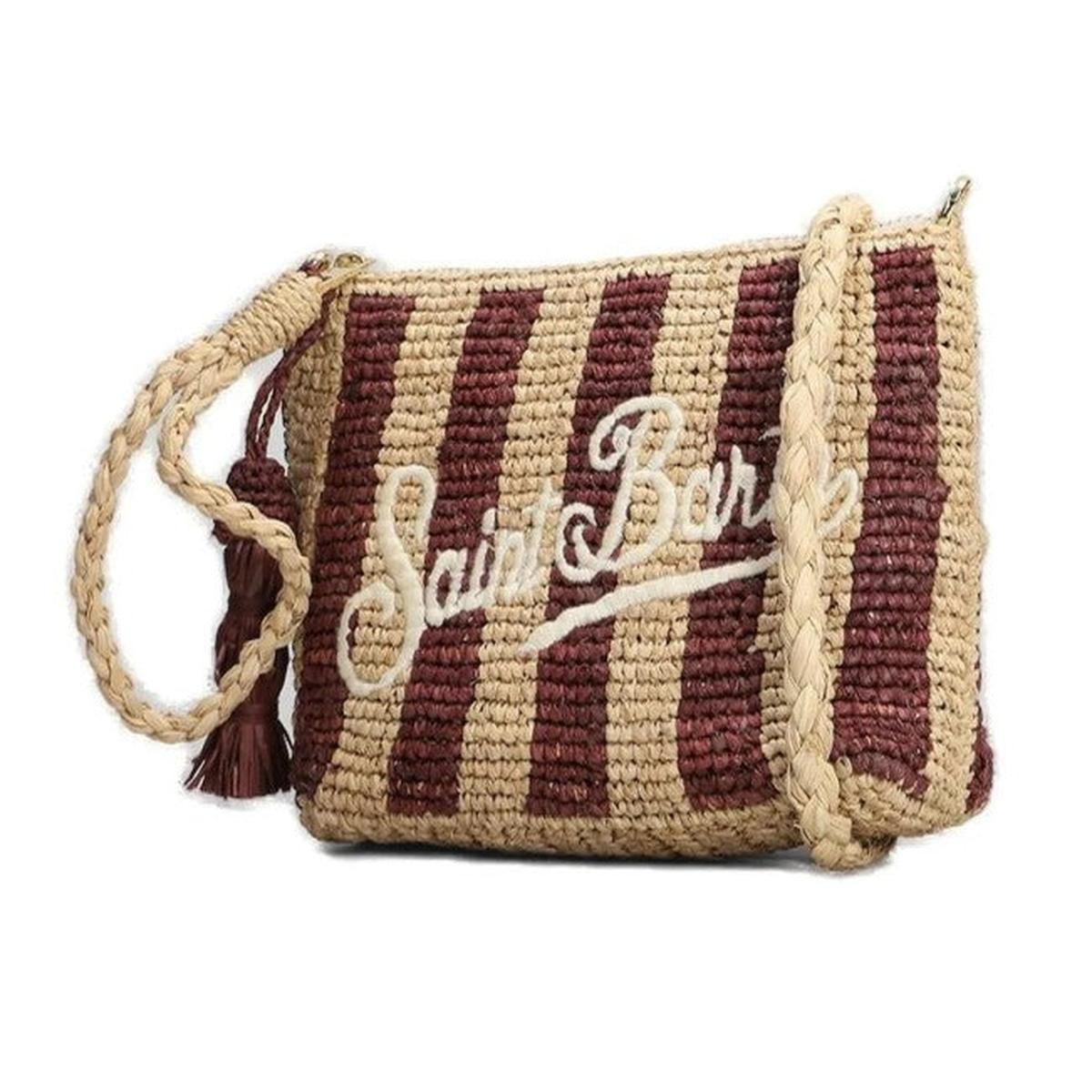 MC2 Saint Barth Natural Raffia Pouch with Brown Stripes and Embroidered Logo