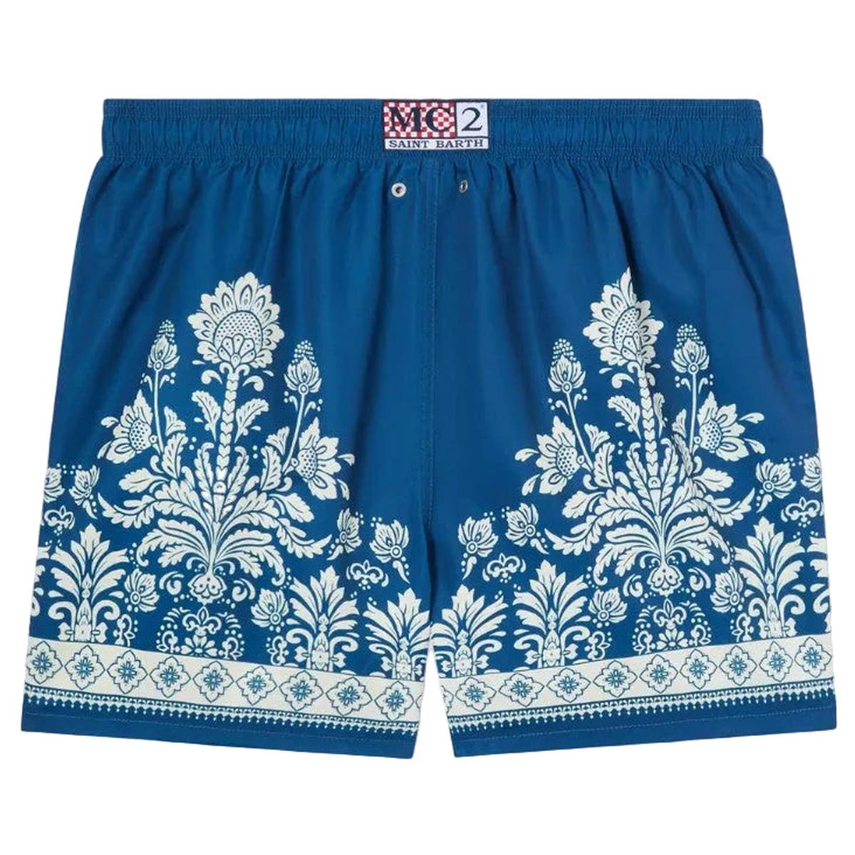 MC2 Saint Barth Gustavia Blue Swim Shorts with Ornamental Floral Print