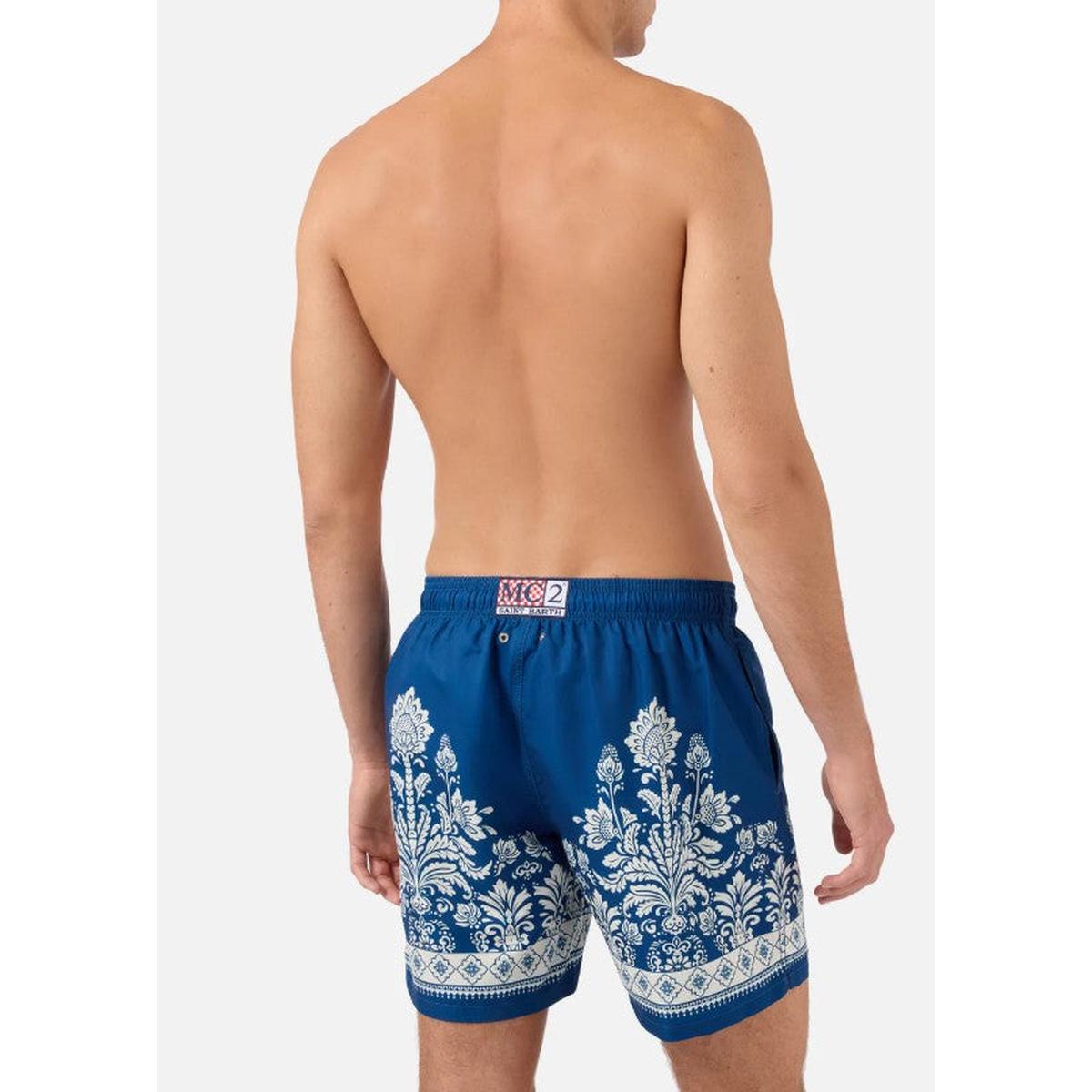 MC2 Saint Barth Gustavia Blue Swim Shorts with Ornamental Floral Print