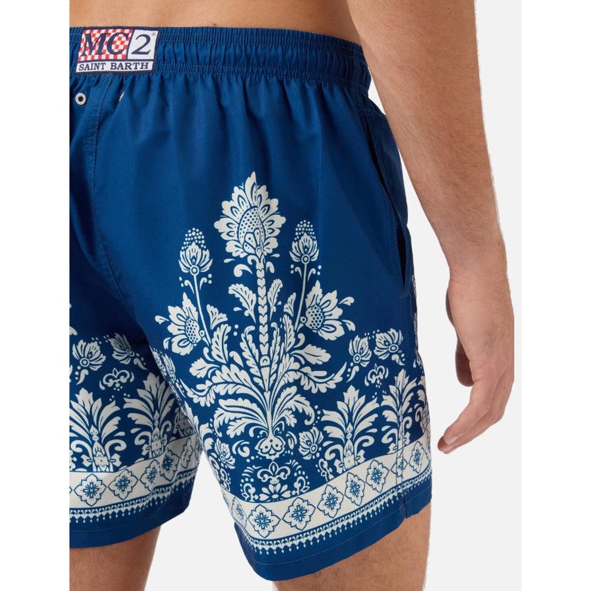 MC2 Saint Barth Gustavia Blue Swim Shorts with Ornamental Floral Print