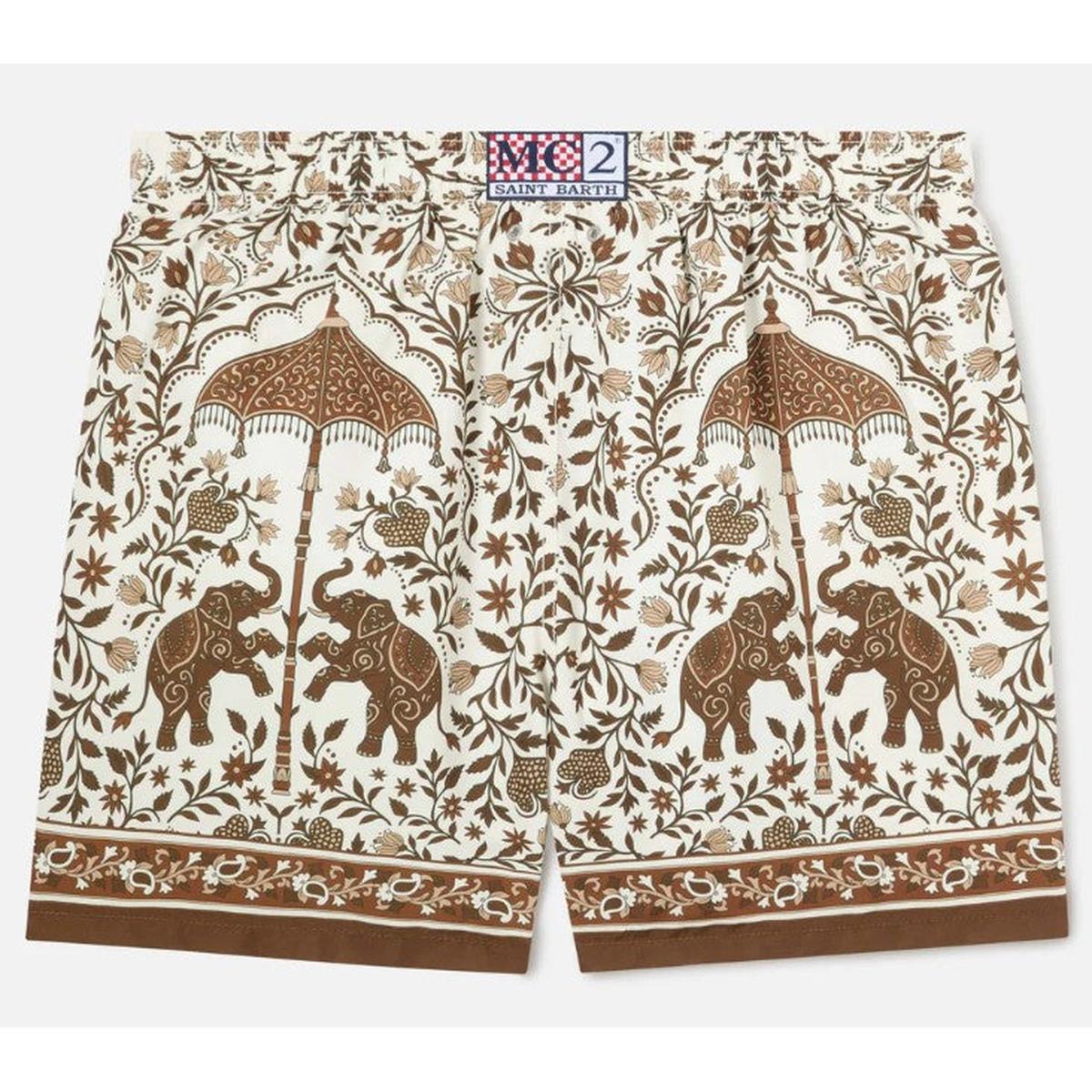MC2 Saint Barth White Gustavia Swim Shorts with Brown Ornamental Placed Print