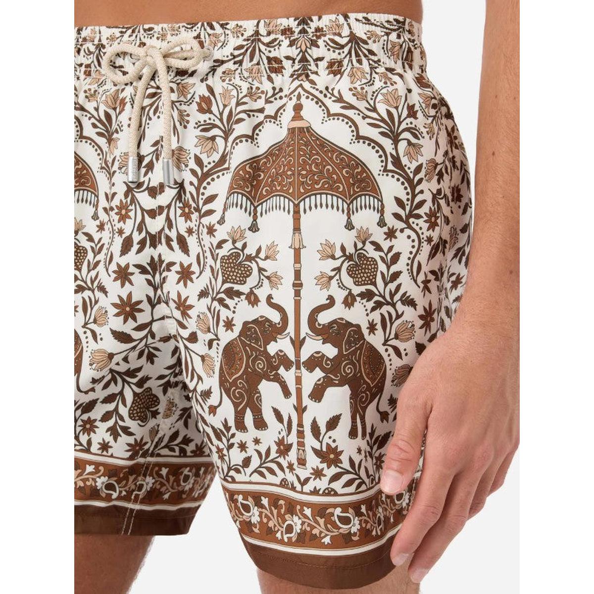 MC2 Saint Barth White Gustavia Swim Shorts with Brown Ornamental Placed Print