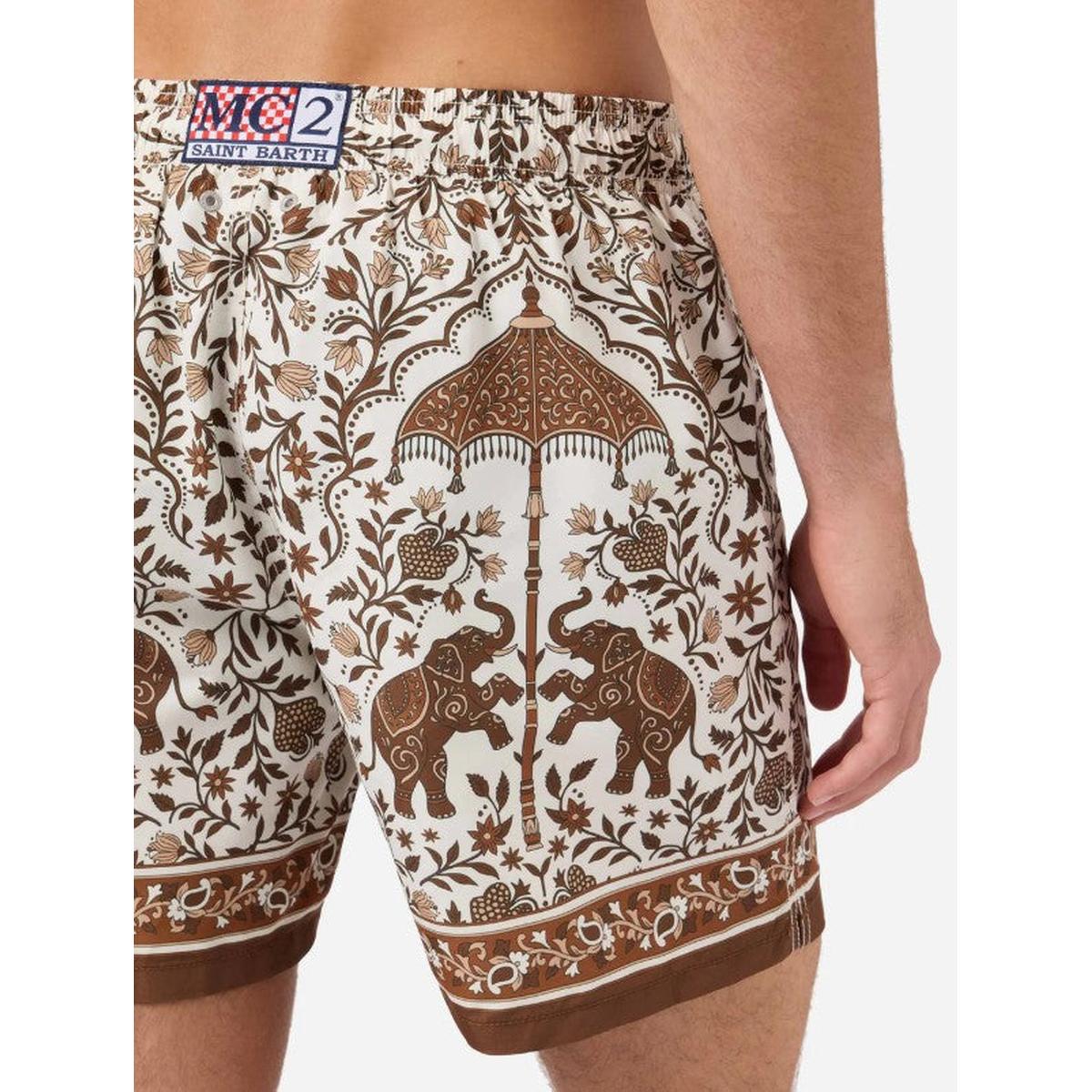 MC2 Saint Barth White Gustavia Swim Shorts with Brown Ornamental Placed Print