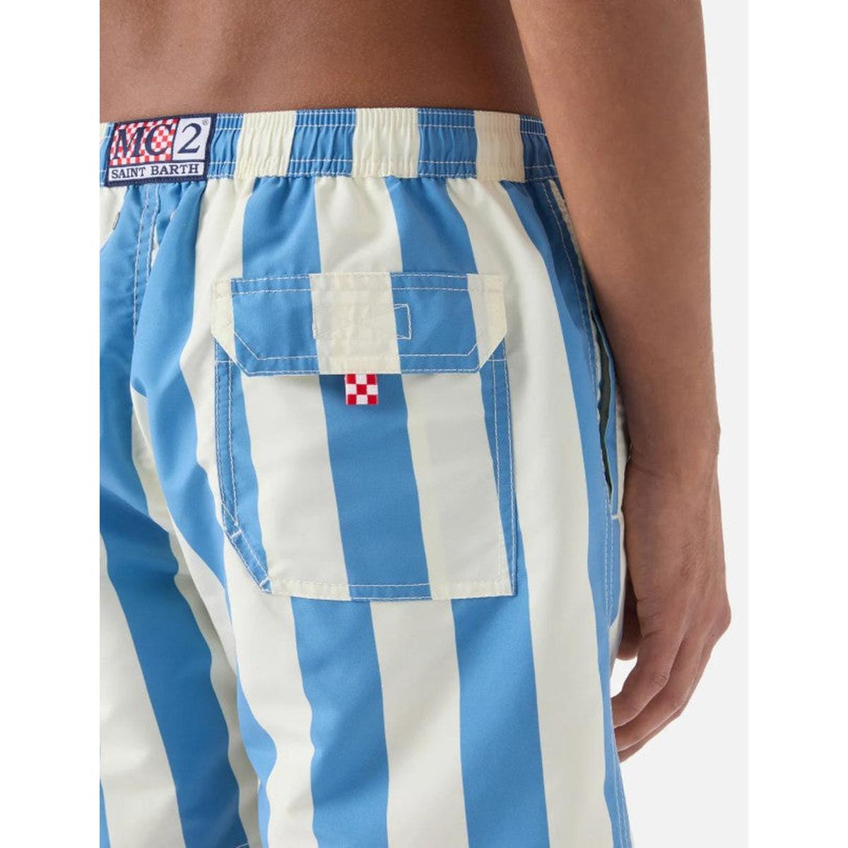MC2 Saint Barth Syros Swim Shorts in White and Light Blue Stripes