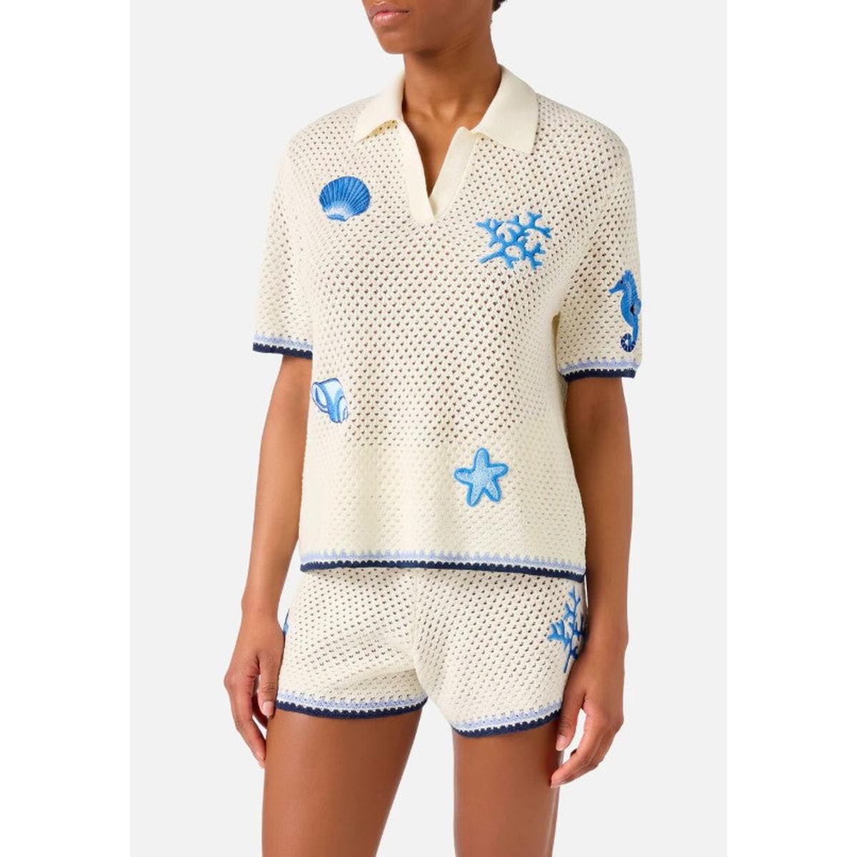 MC2 Saint Barth Pixie Knit Shorts with Marine Patches in White and Blue