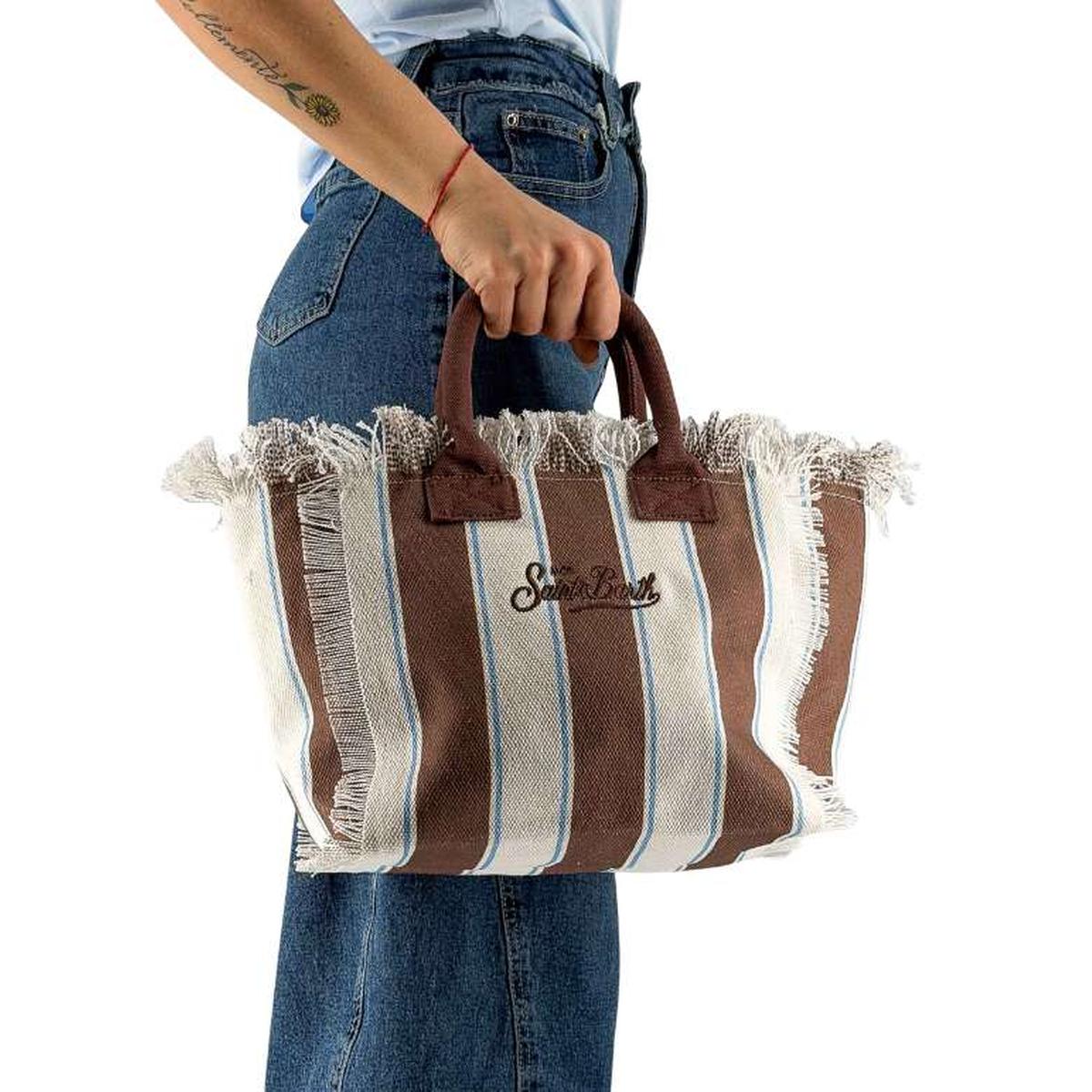 MC2 Saint Barth Colette Canvas Bag with Brown Stripes and Embroidered Logo