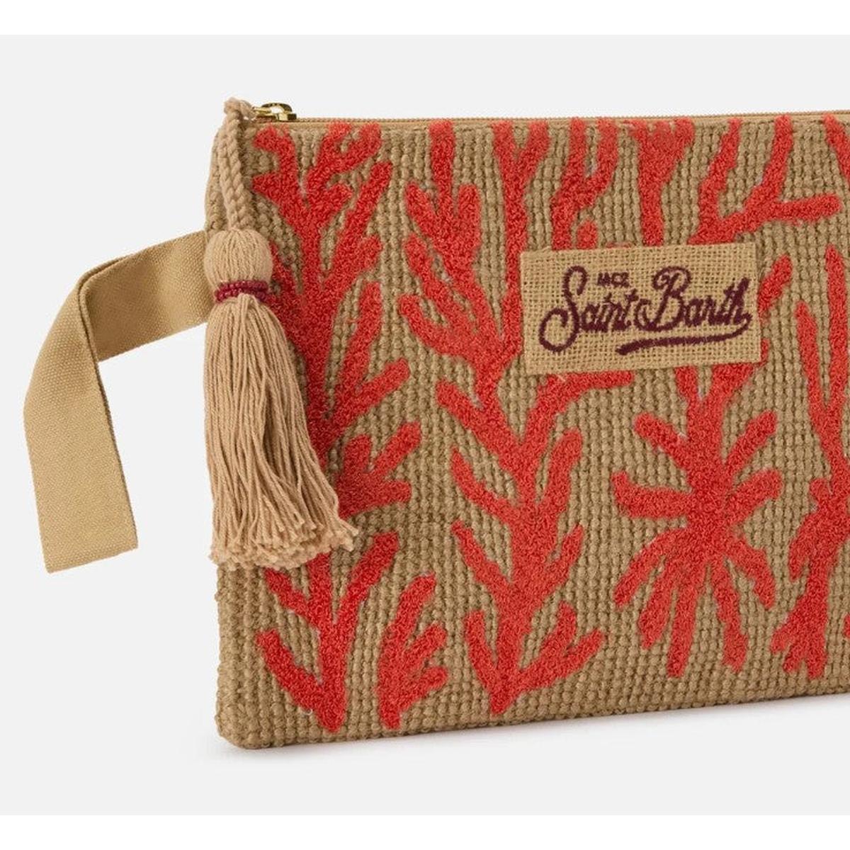 MC2 Saint Barth Jute Pouch with Embroidered Coral Pattern