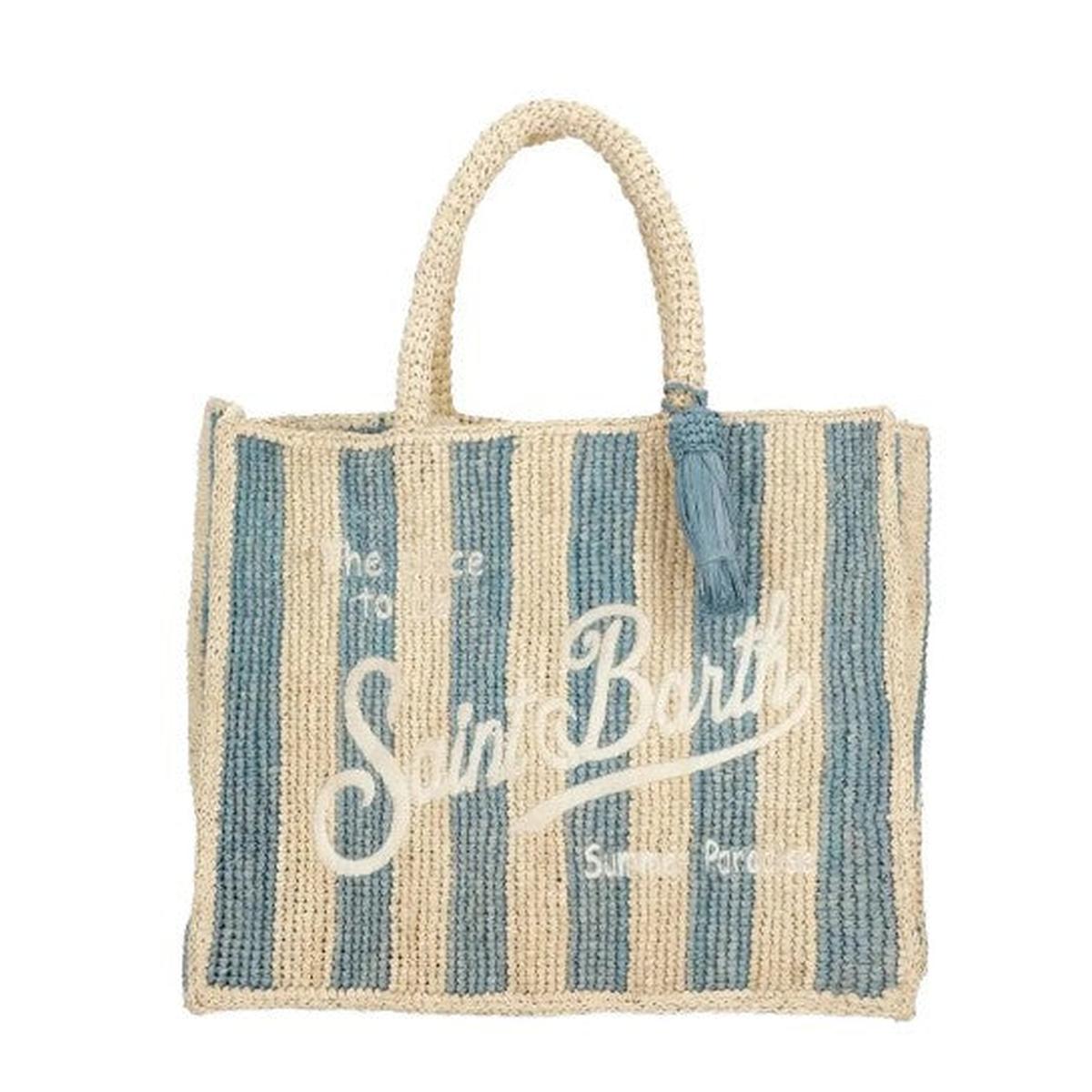 MC2 Saint Barth Colette Raffia Handbag with Light Blue Stripes and Logo Embroidery