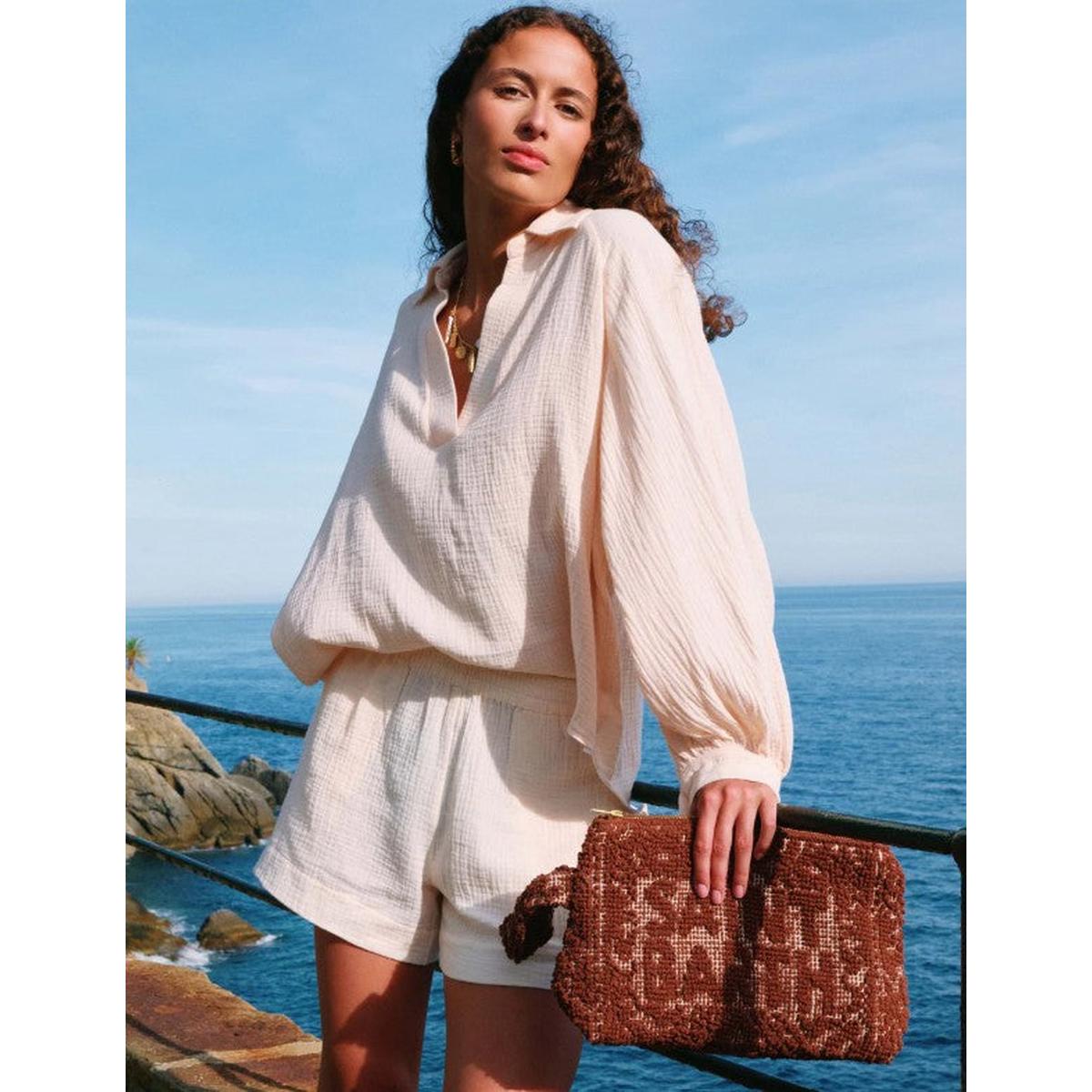 MC2 Saint Barth Aline Cotton Pouch in Brown with Tufting Embroidery