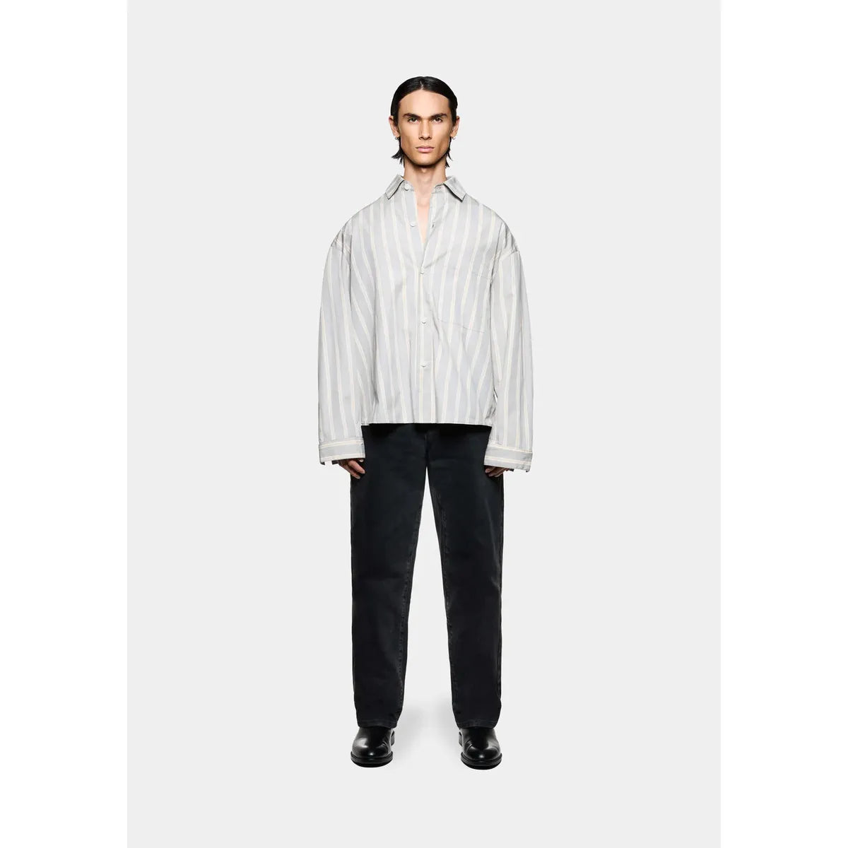 MKI Poplin Stripe Box Dress Shirt in Light Grey