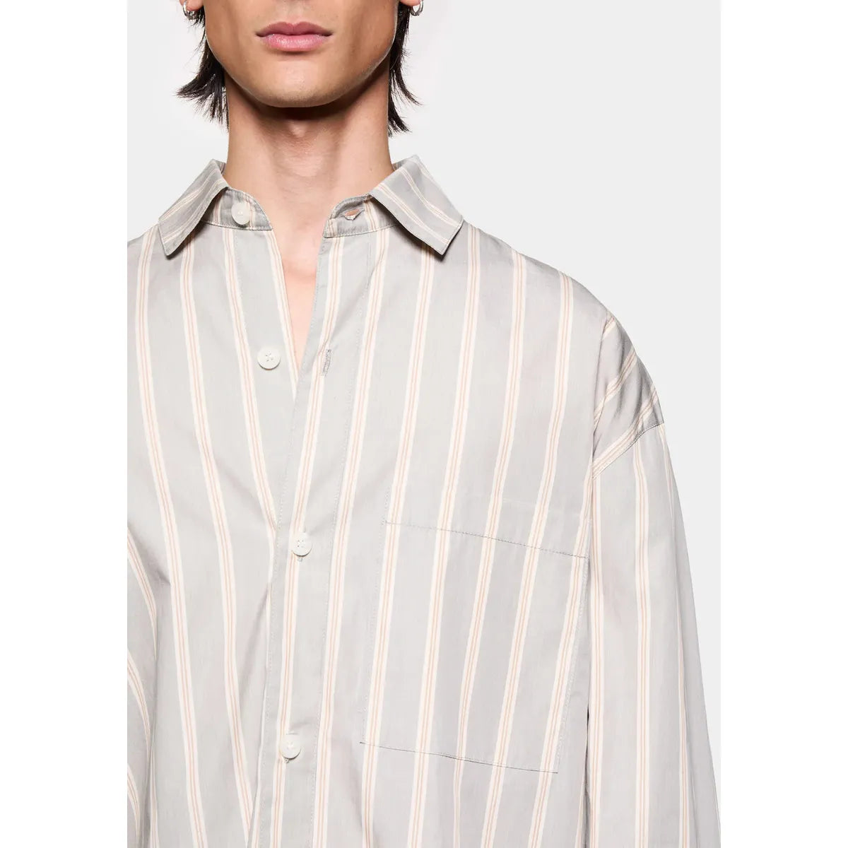 MKI Poplin Stripe Box Dress Shirt in Light Grey