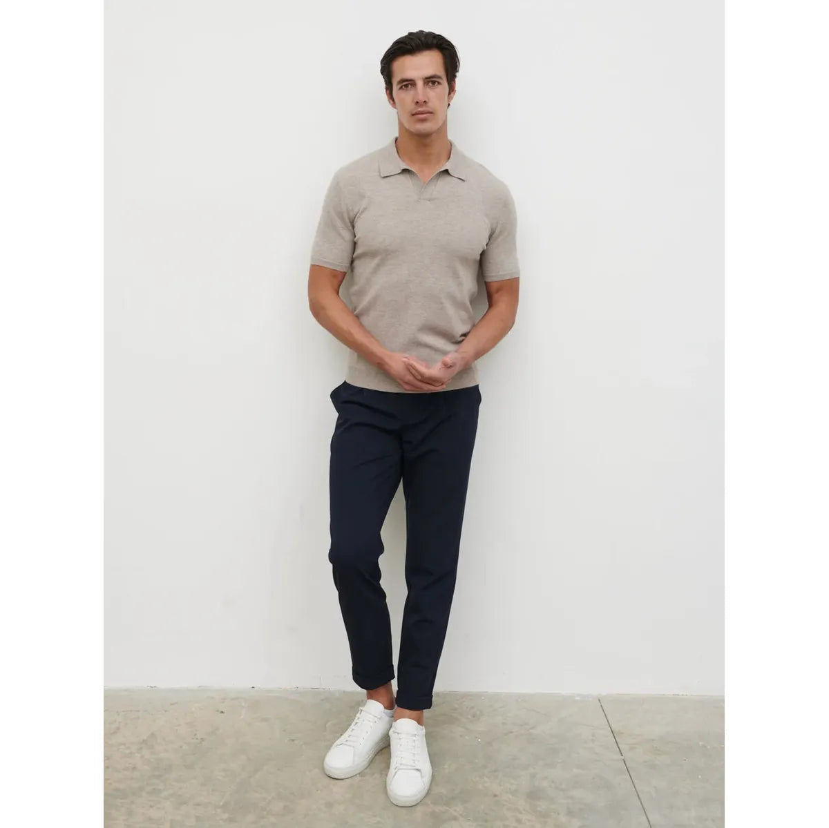 NOBL Matthew Open Collar Lightweight Knit Polo Mushroom