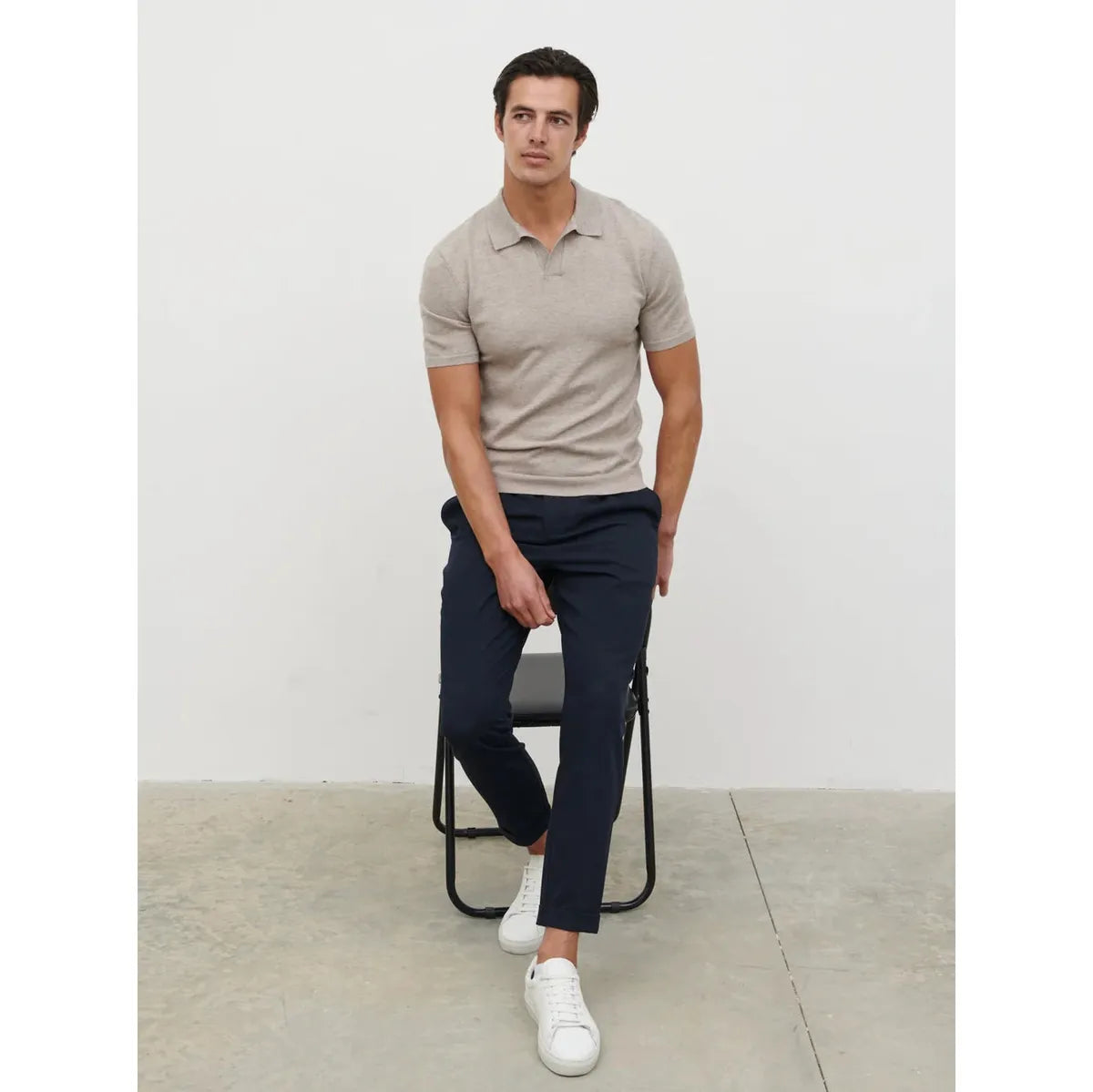 NOBL Matthew Open Collar Lightweight Knit Polo Mushroom